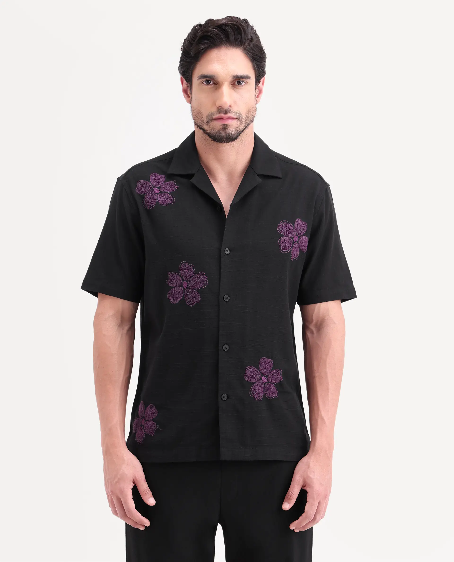 Rare Rabbit Men's Waxi Black Cotton Blend Fabric Half Sleeve Cuban Collar Relaxed Fit Embroidered Shirt - Image 6