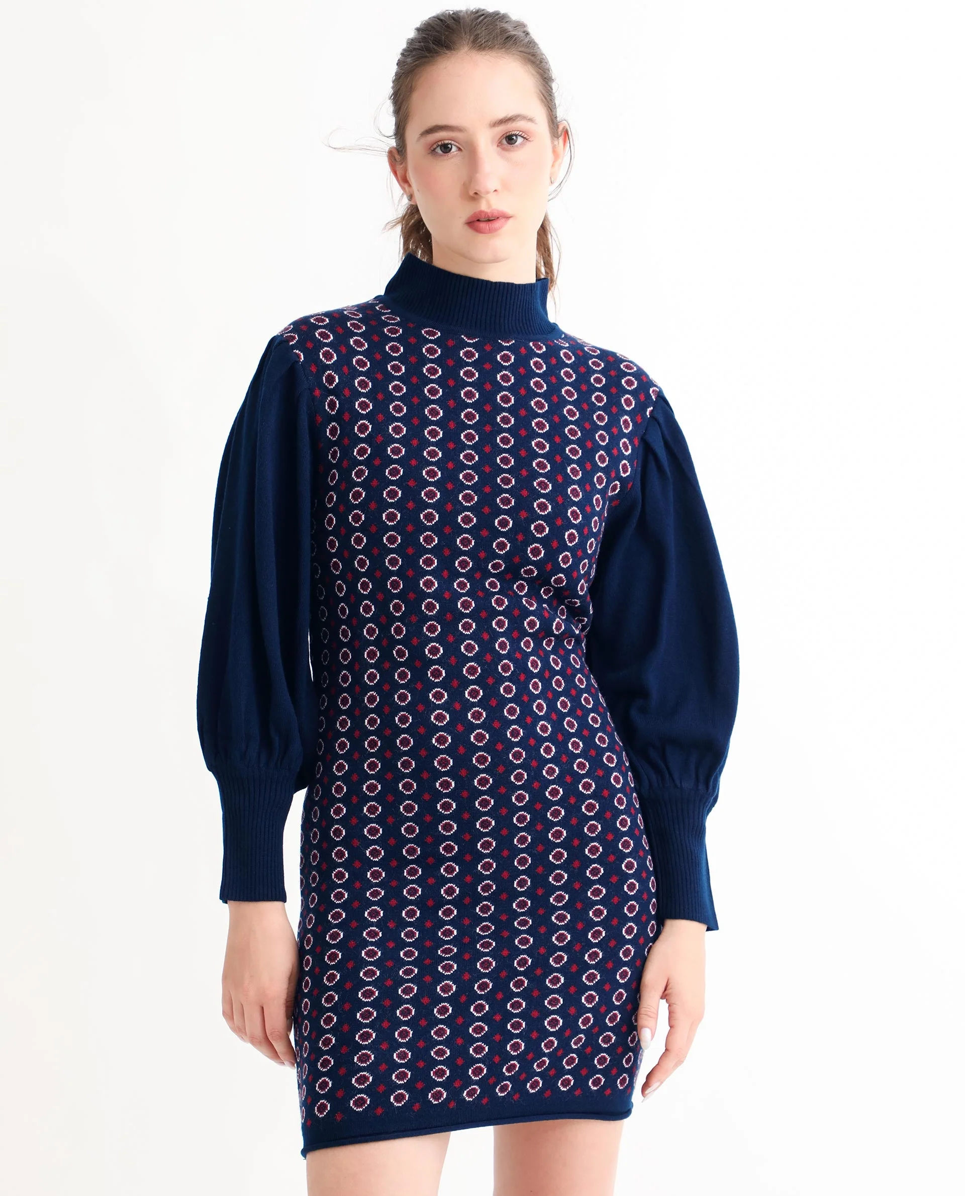 Rareism Women's Web Navy Acrylic High Neck Geometric Print Bishop Sleeve Knee Length Regular Fit Sweater