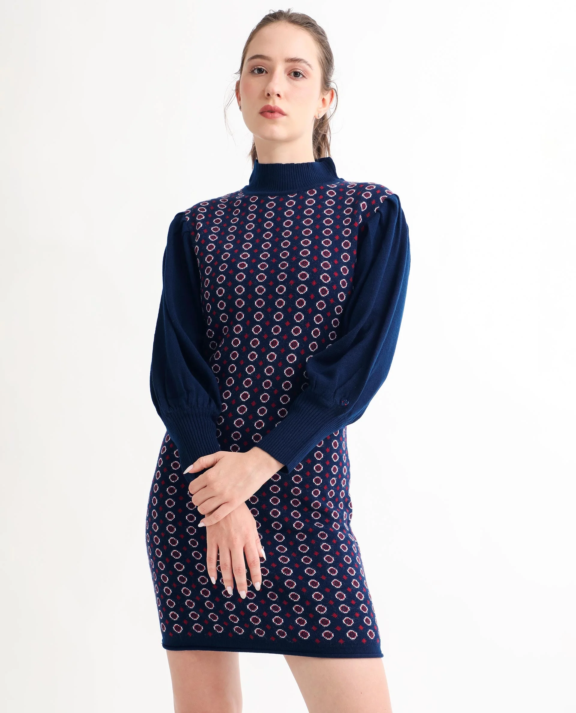 Rareism Women's Web Navy Acrylic High Neck Geometric Print Bishop Sleeve Knee Length Regular Fit Sweater - Image 10