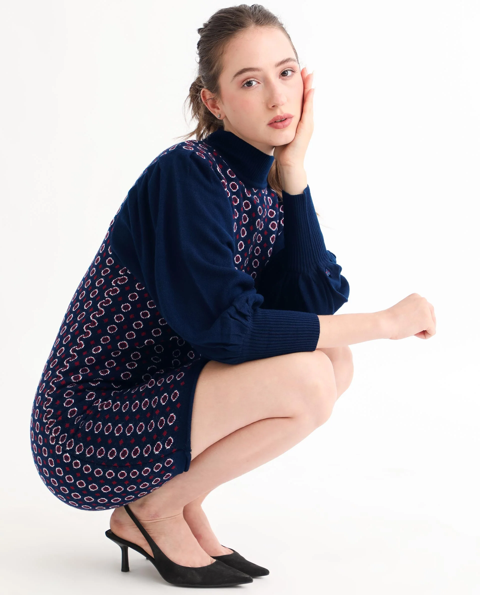 Rareism Women's Web Navy Acrylic High Neck Geometric Print Bishop Sleeve Knee Length Regular Fit Sweater - Image 12
