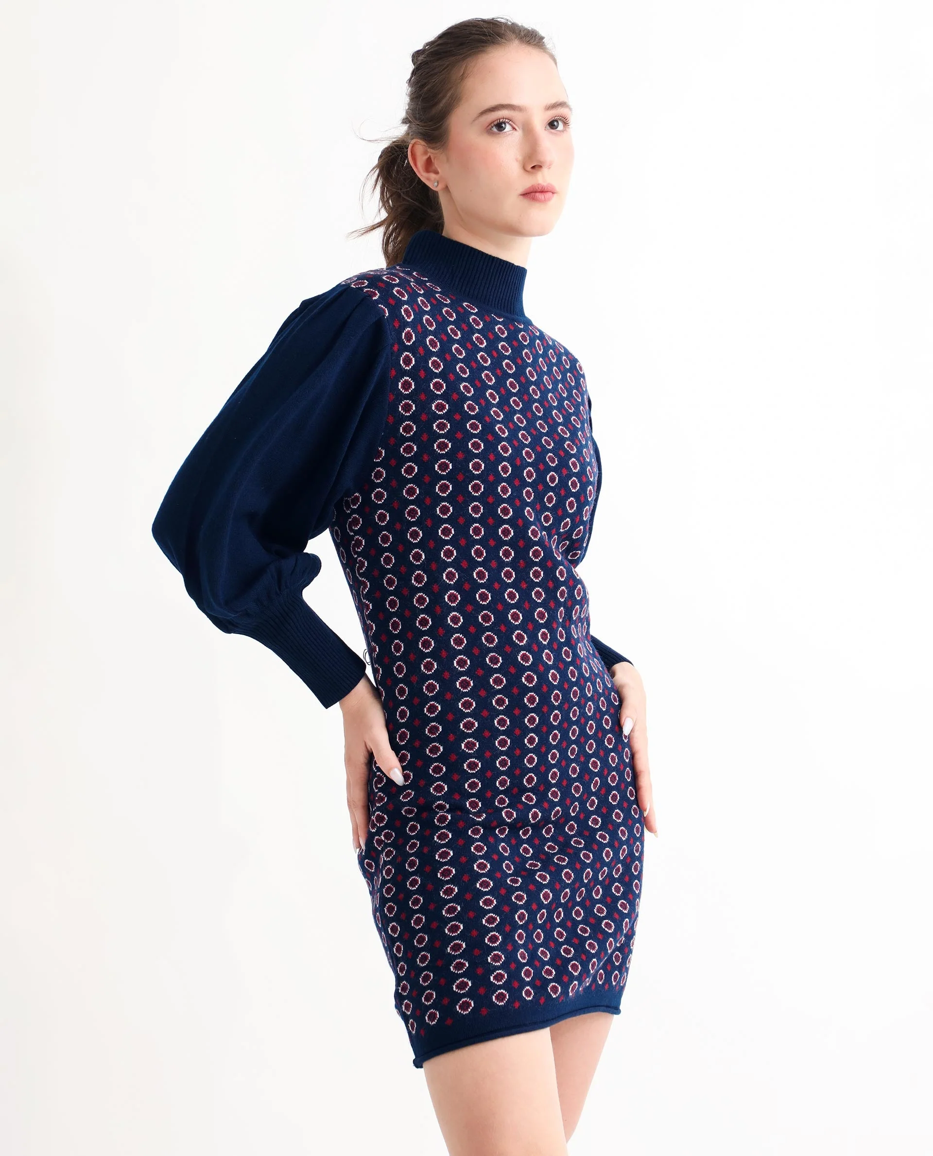 Rareism Women's Web Navy Acrylic High Neck Geometric Print Bishop Sleeve Knee Length Regular Fit Sweater - Image 13