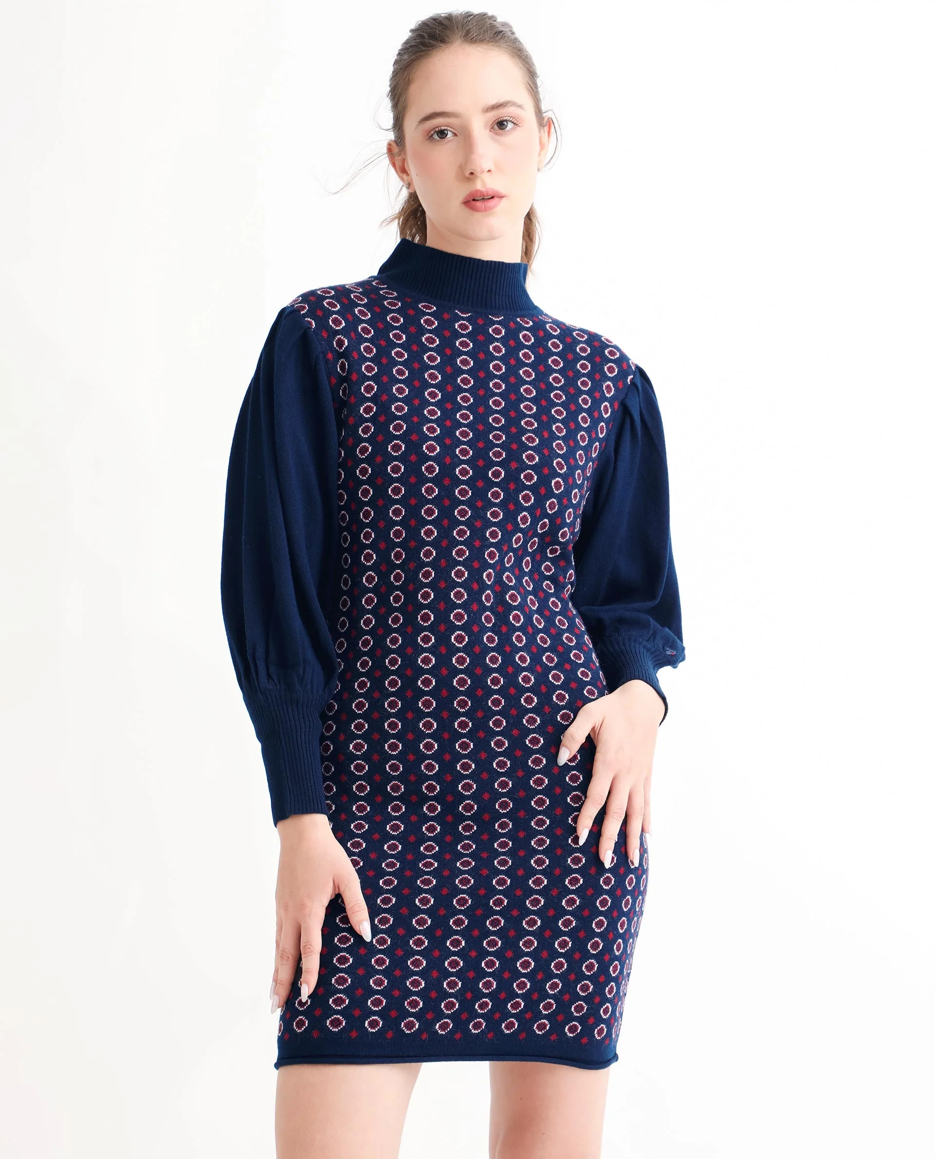 Rareism Women's Web Navy Acrylic High Neck Geometric Print Bishop Sleeve Knee Length Regular Fit Sweater - Image 2