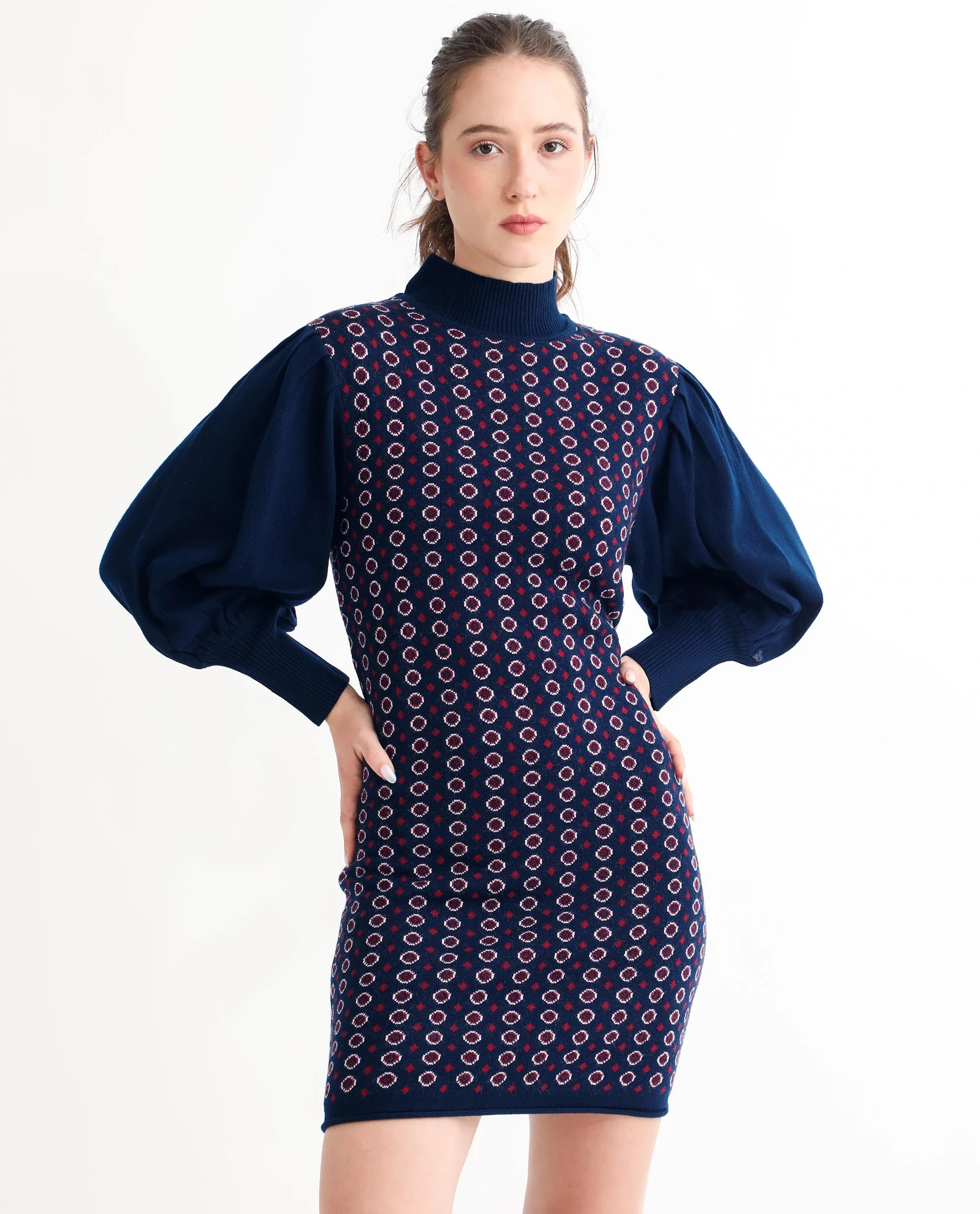 Rareism Women's Web Navy Acrylic High Neck Geometric Print Bishop Sleeve Knee Length Regular Fit Sweater - Image 3