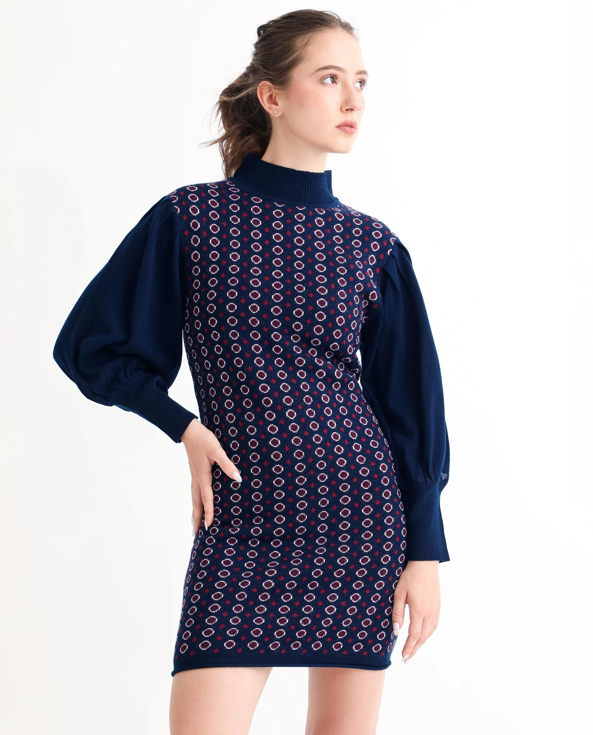 Rareism Women's Web Navy Acrylic High Neck Geometric Print Bishop Sleeve Knee Length Regular Fit Sweater - Image 4