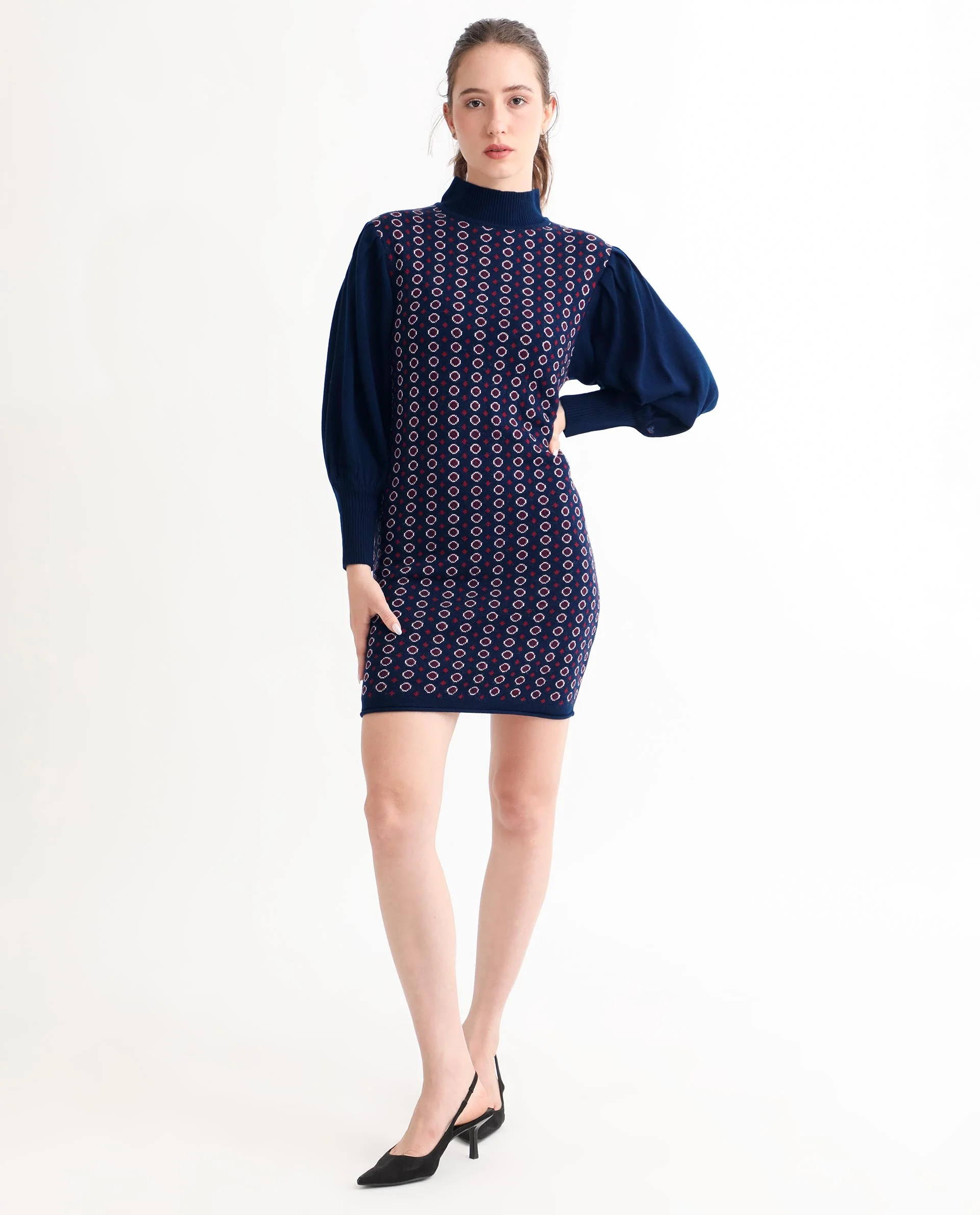 Rareism Women's Web Navy Acrylic High Neck Geometric Print Bishop Sleeve Knee Length Regular Fit Sweater - Image 5