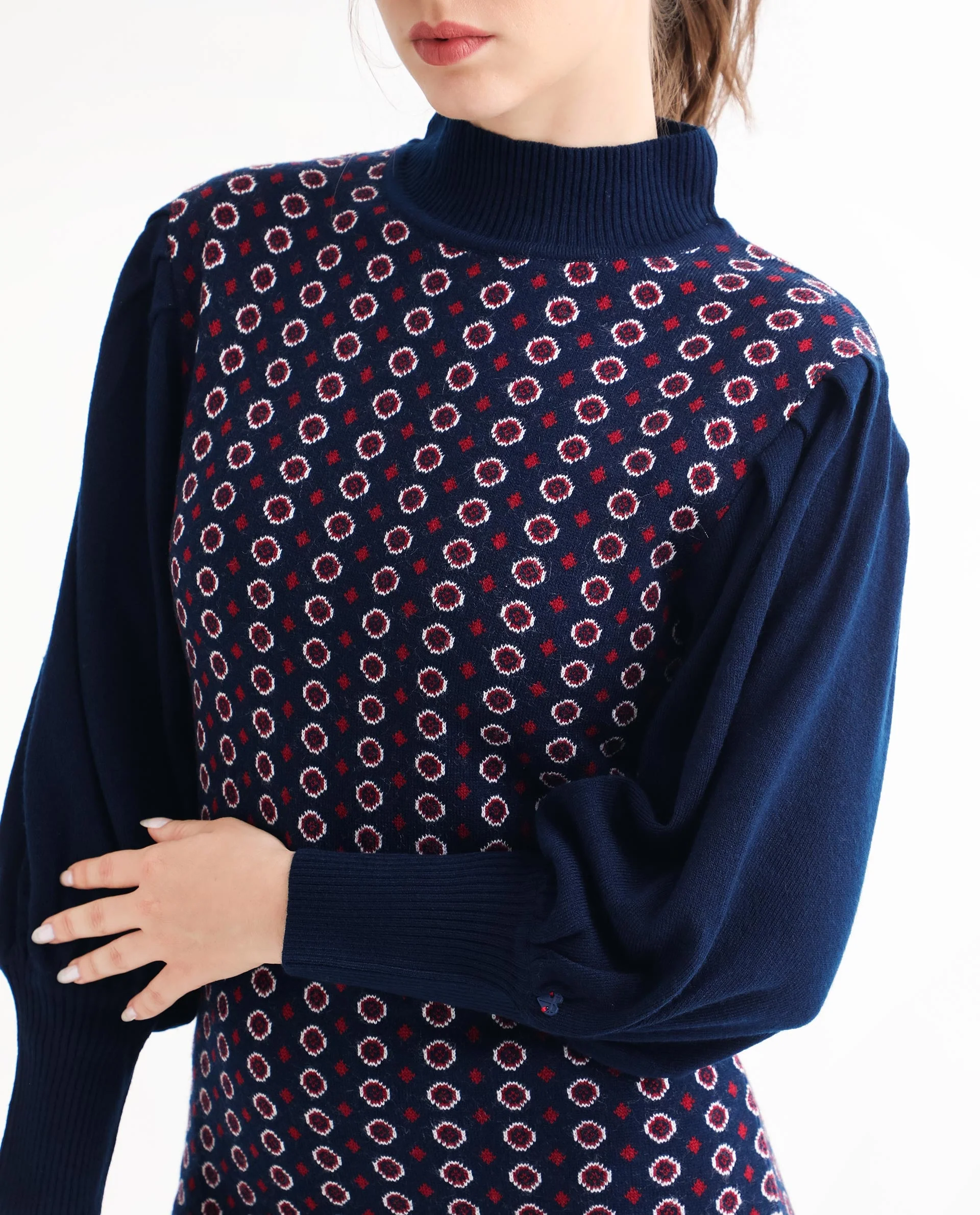 Rareism Women's Web Navy Acrylic High Neck Geometric Print Bishop Sleeve Knee Length Regular Fit Sweater - Image 6