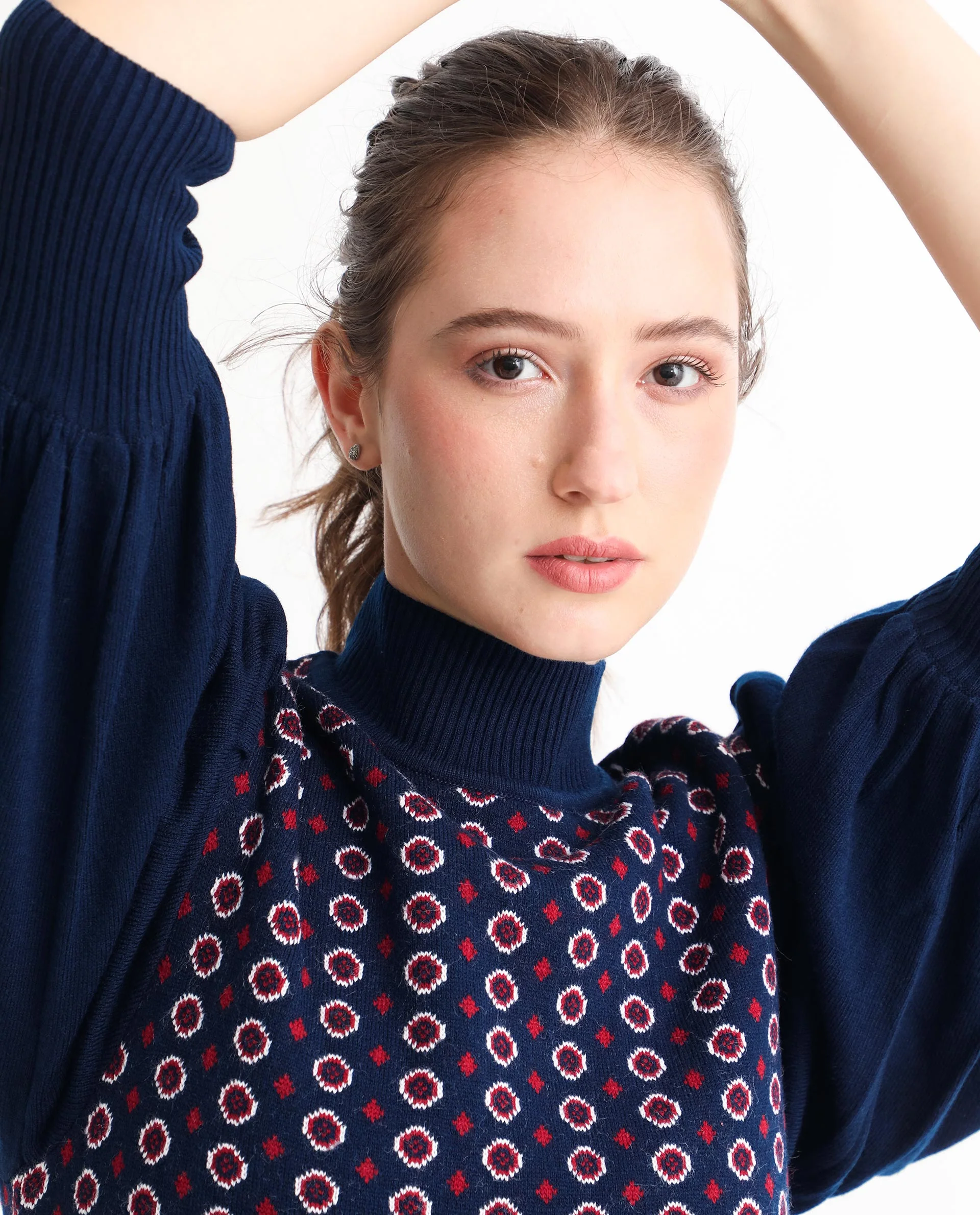 Rareism Women's Web Navy Acrylic High Neck Geometric Print Bishop Sleeve Knee Length Regular Fit Sweater - Image 7
