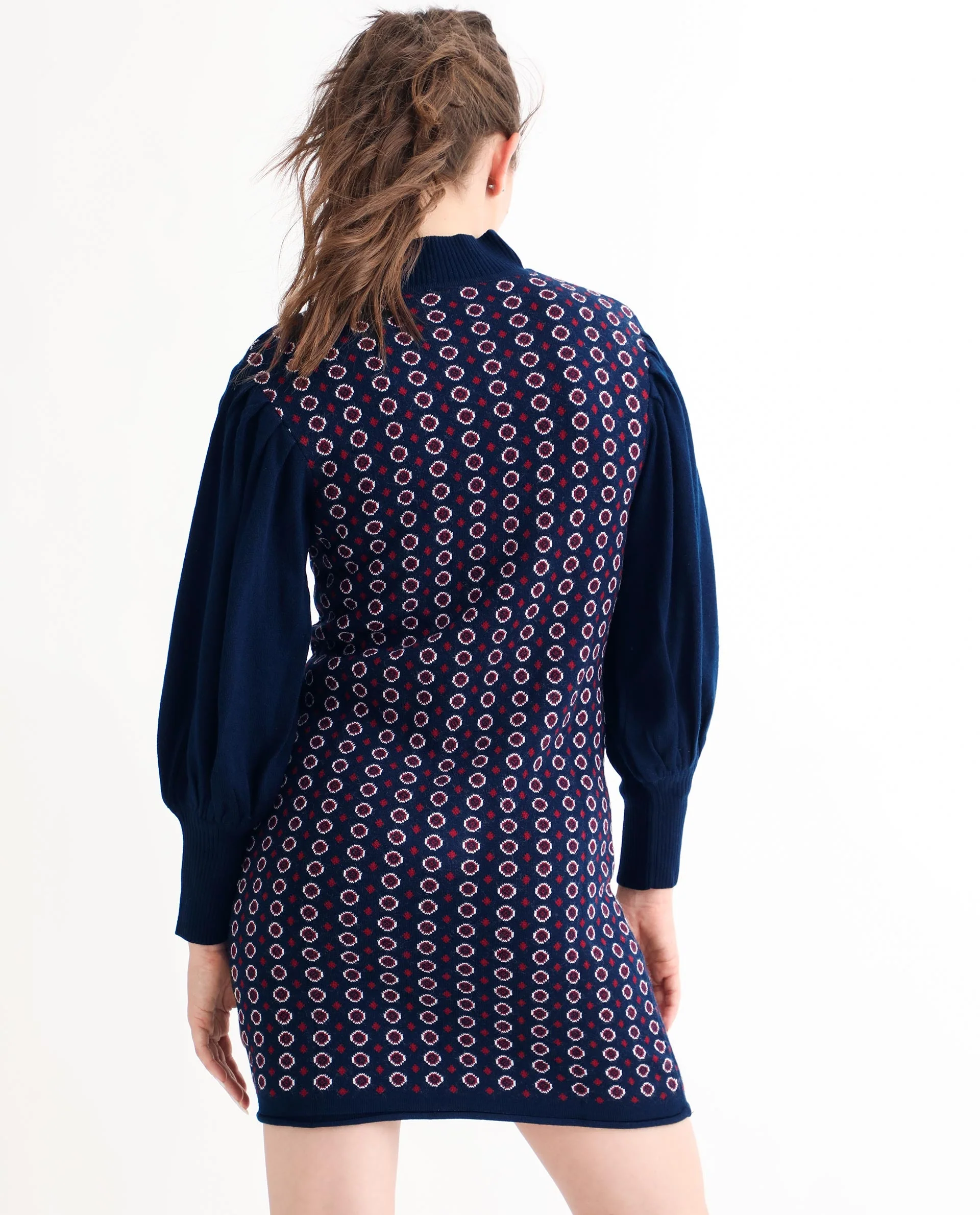 Rareism Women's Web Navy Acrylic High Neck Geometric Print Bishop Sleeve Knee Length Regular Fit Sweater - Image 9