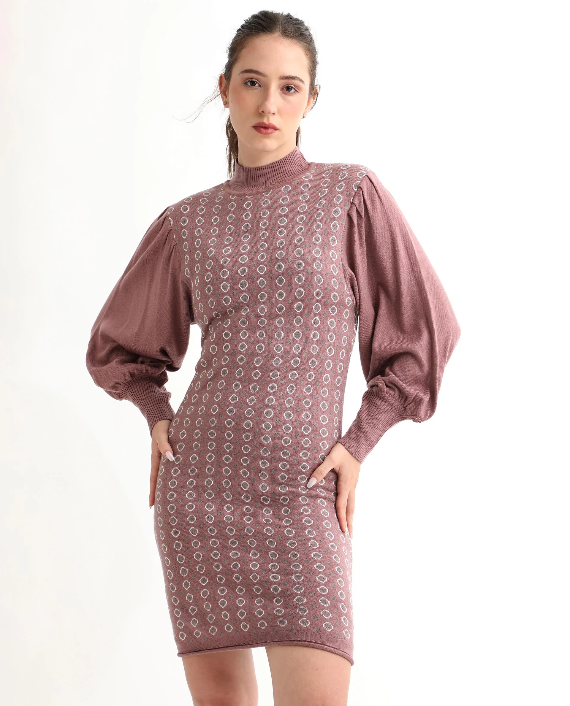 Rareism Women's Web Pink Acrylic High Neck Geometric Print Bishop Sleeve Knee Length Regular Fit Sweater