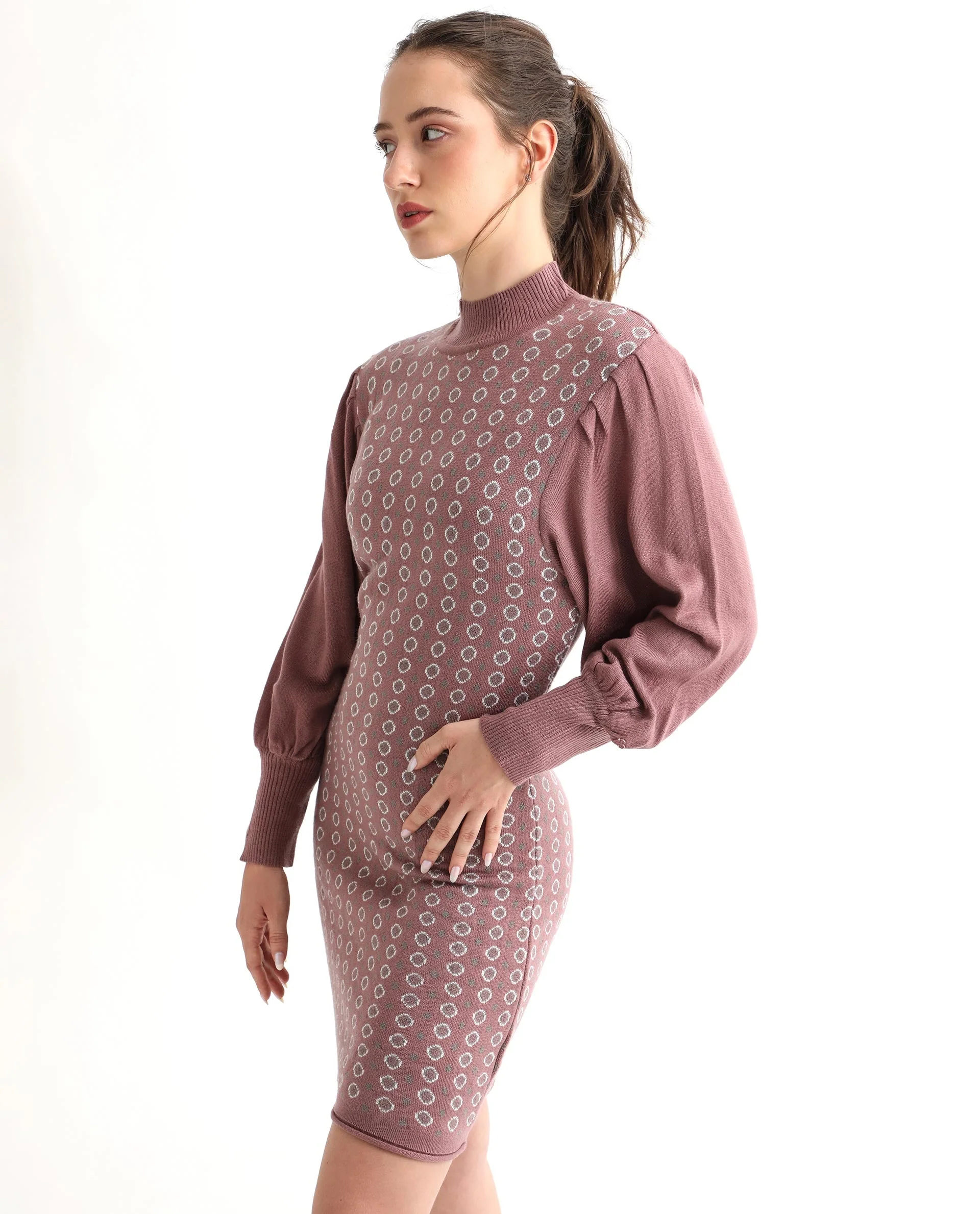 Rareism Women's Web Pink Acrylic High Neck Geometric Print Bishop Sleeve Knee Length Regular Fit Sweater - Image 11