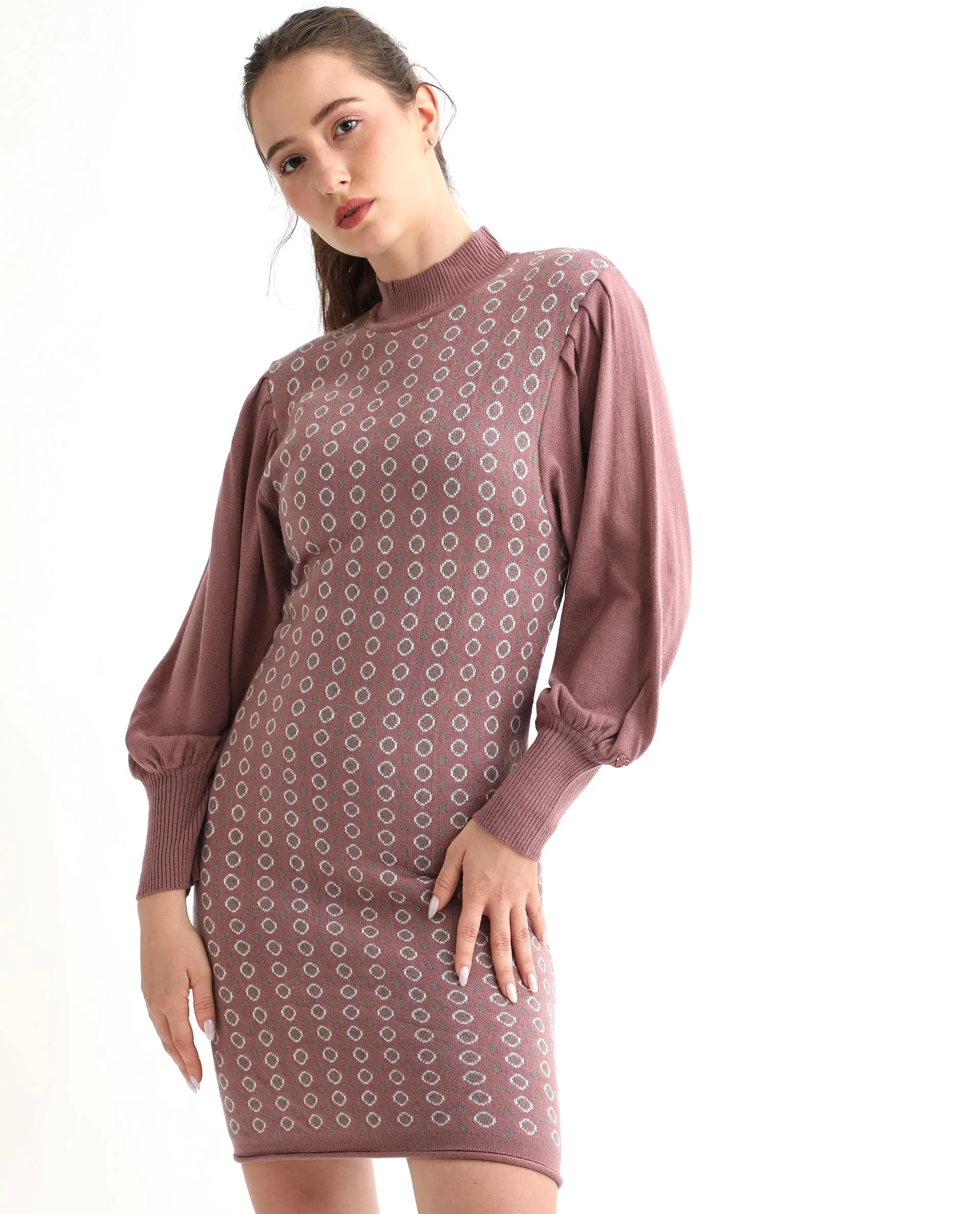 Rareism Women's Web Pink Acrylic High Neck Geometric Print Bishop Sleeve Knee Length Regular Fit Sweater - Image 12