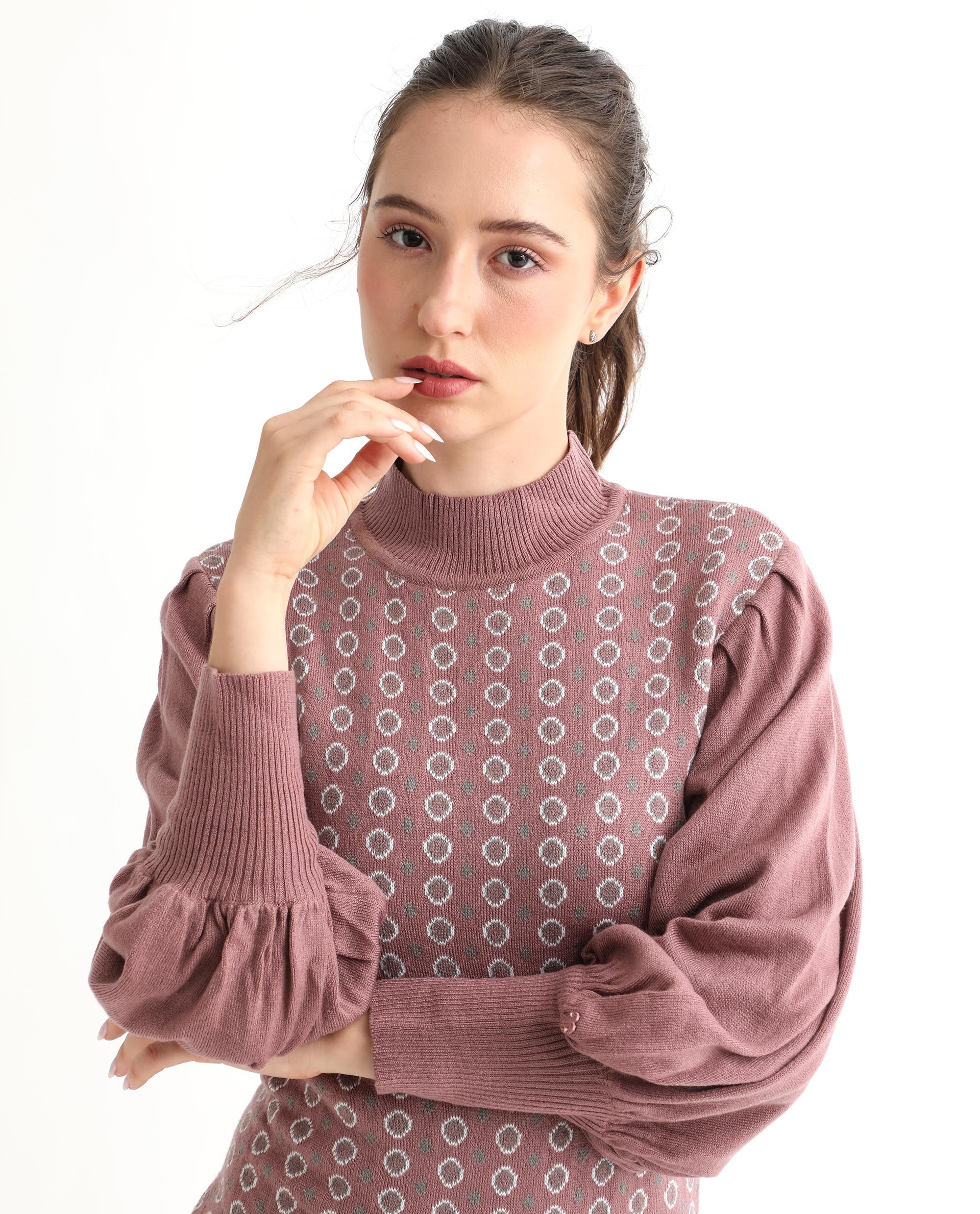 Rareism Women's Web Pink Acrylic High Neck Geometric Print Bishop Sleeve Knee Length Regular Fit Sweater - Image 13