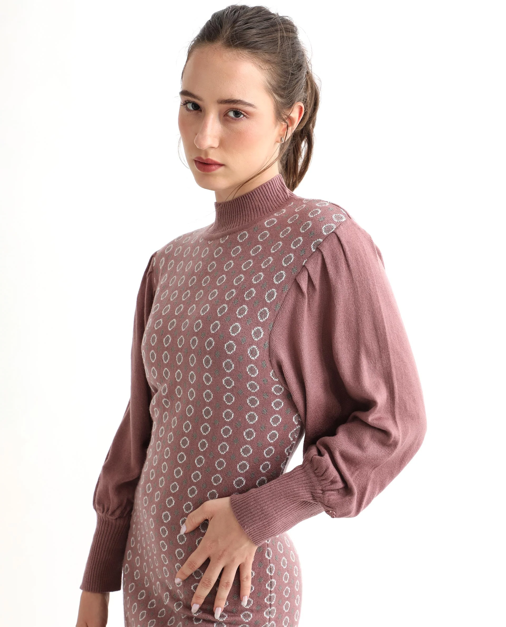 Rareism Women's Web Pink Acrylic High Neck Geometric Print Bishop Sleeve Knee Length Regular Fit Sweater - Image 14
