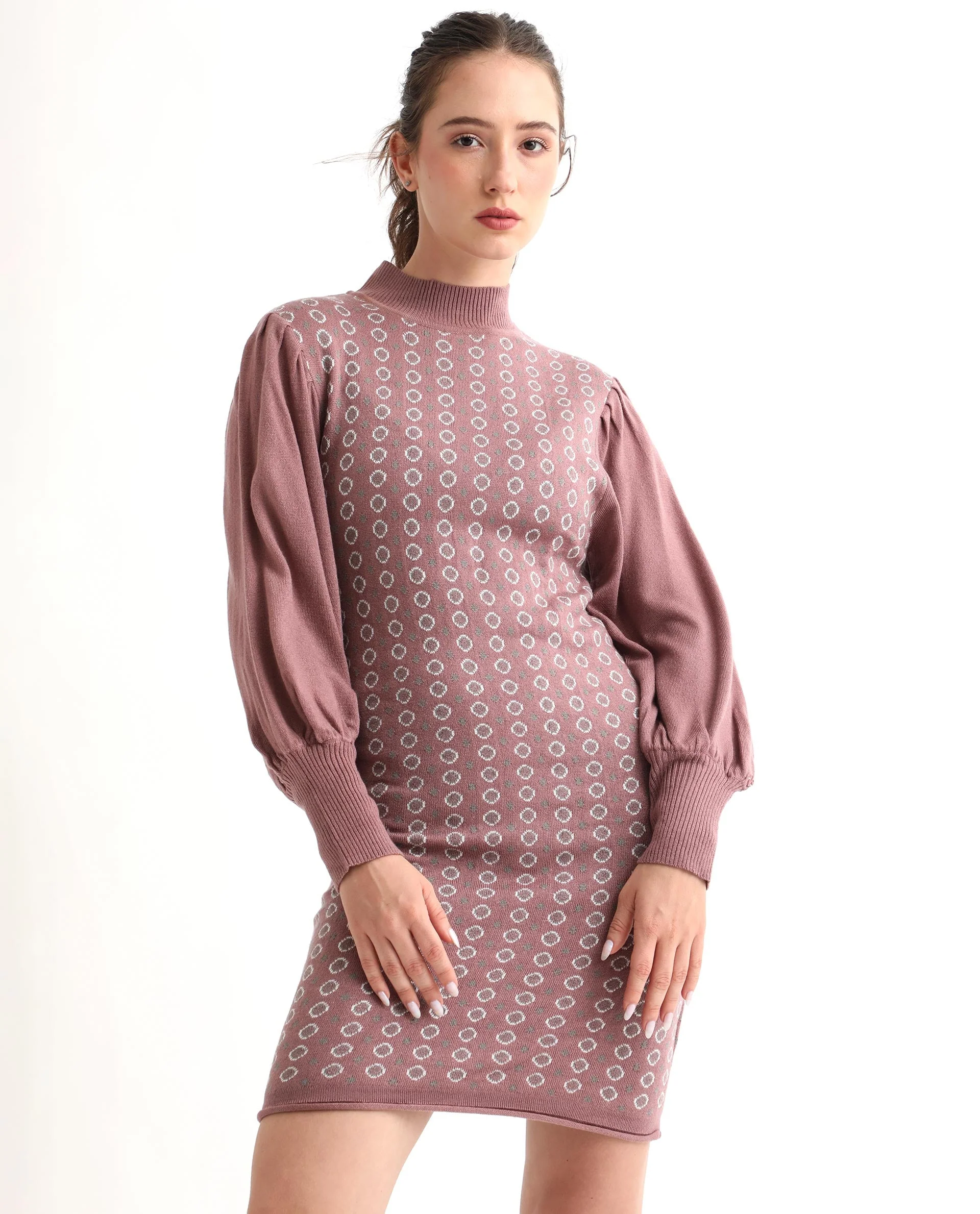 Rareism Women's Web Pink Acrylic High Neck Geometric Print Bishop Sleeve Knee Length Regular Fit Sweater - Image 15