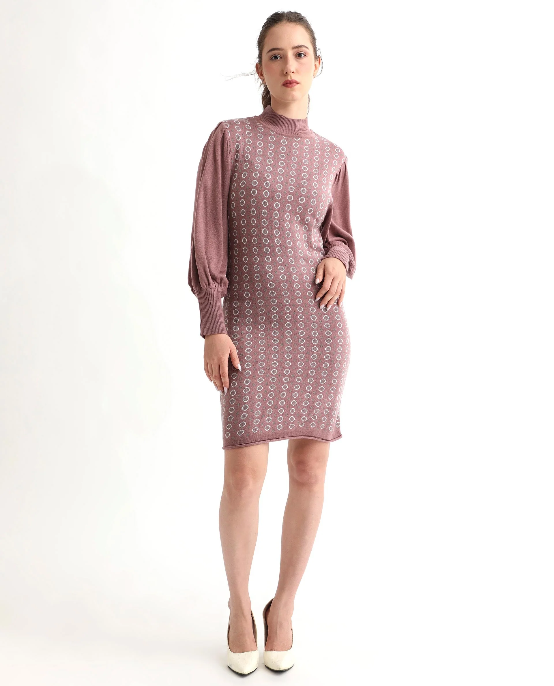 Rareism Women's Web Pink Acrylic High Neck Geometric Print Bishop Sleeve Knee Length Regular Fit Sweater - Image 2