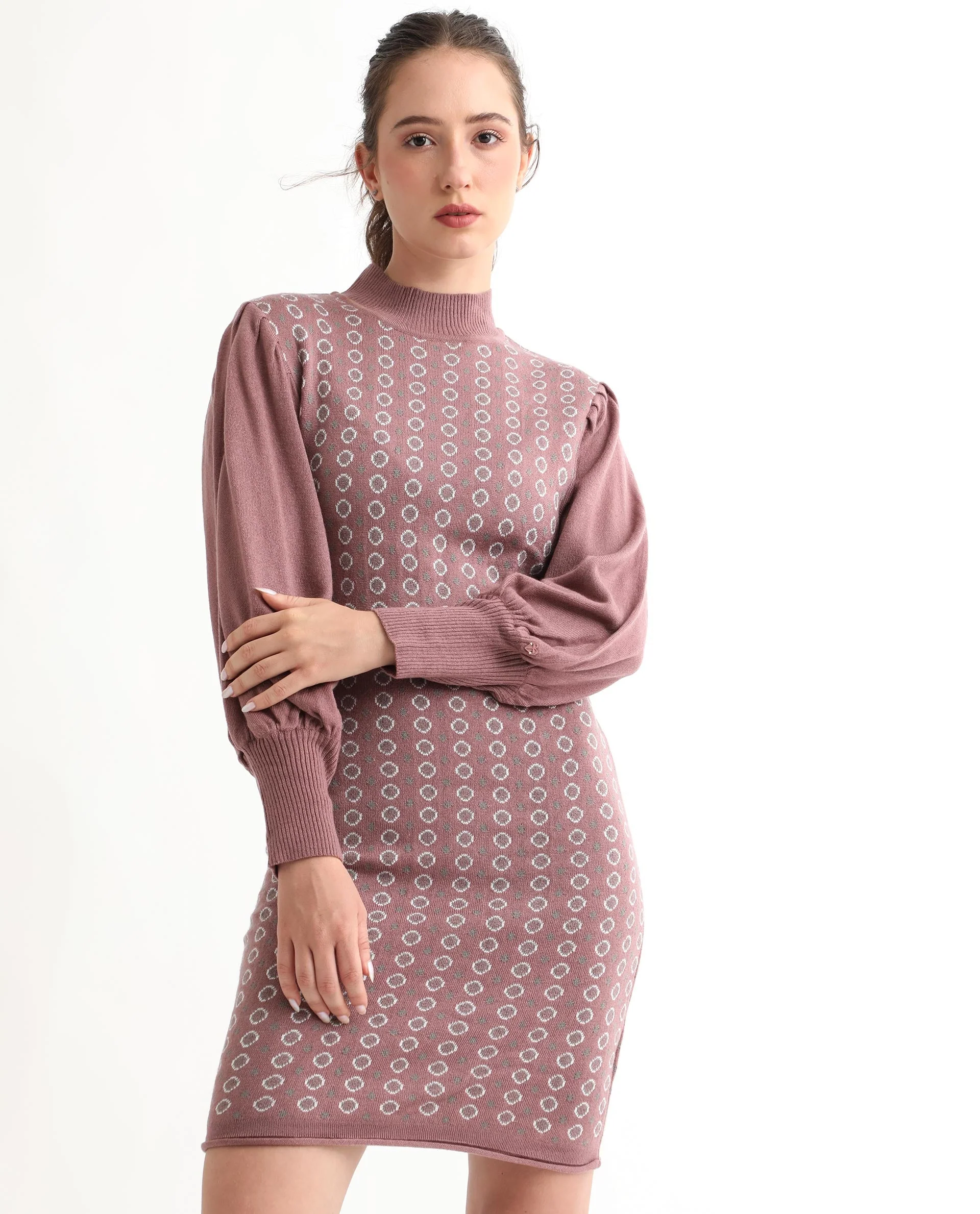 Rareism Women's Web Pink Acrylic High Neck Geometric Print Bishop Sleeve Knee Length Regular Fit Sweater - Image 3