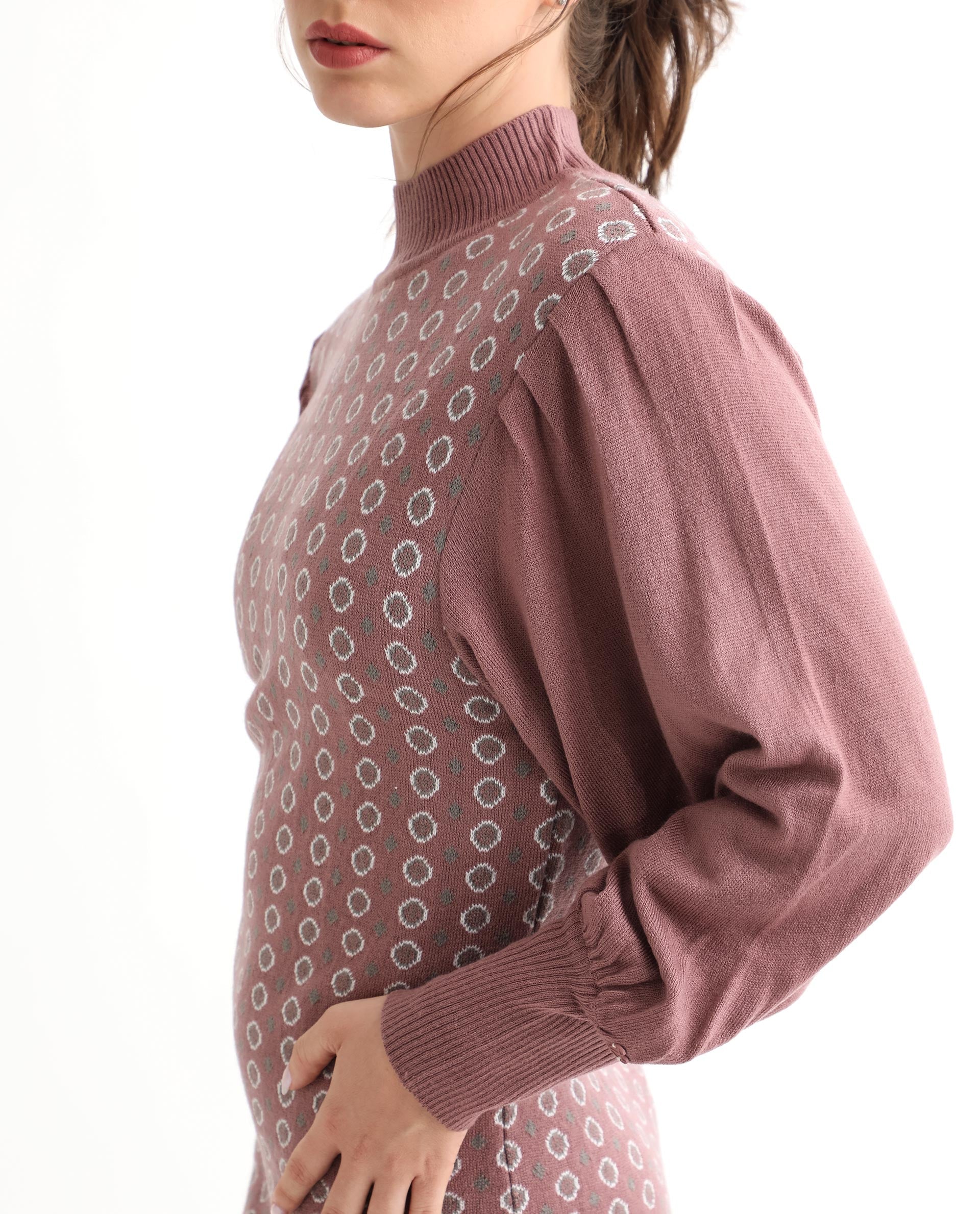 Rareism Women's Web Pink Acrylic High Neck Geometric Print Bishop Sleeve Knee Length Regular Fit Sweater - Image 4