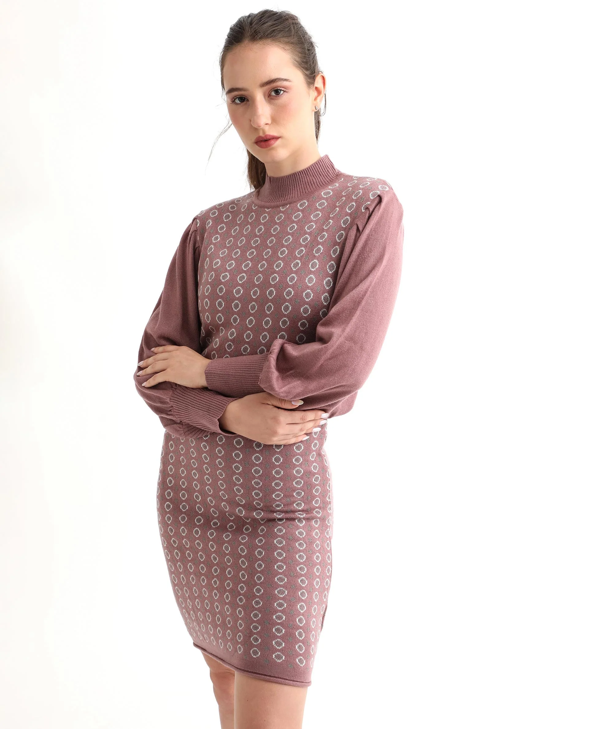 Rareism Women's Web Pink Acrylic High Neck Geometric Print Bishop Sleeve Knee Length Regular Fit Sweater - Image 5
