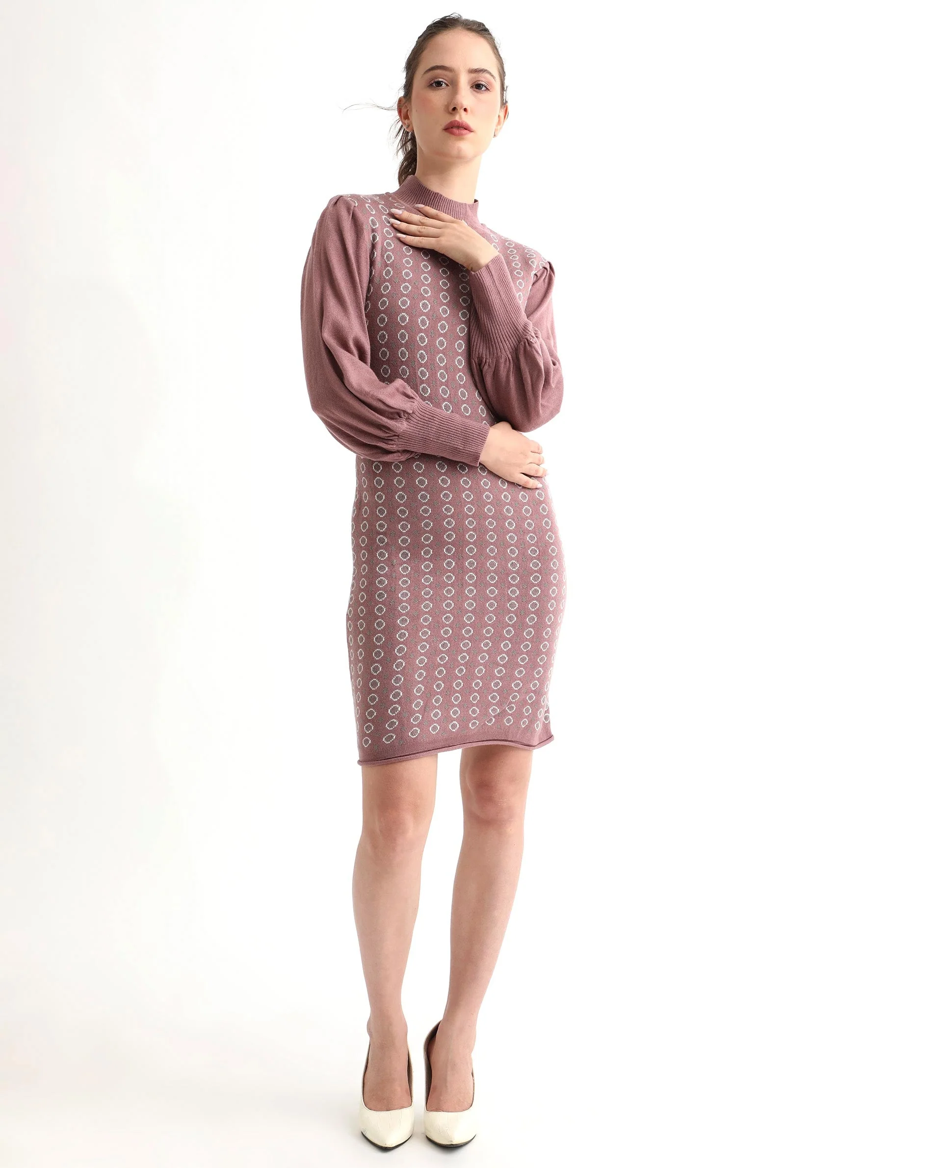 Rareism Women's Web Pink Acrylic High Neck Geometric Print Bishop Sleeve Knee Length Regular Fit Sweater - Image 6