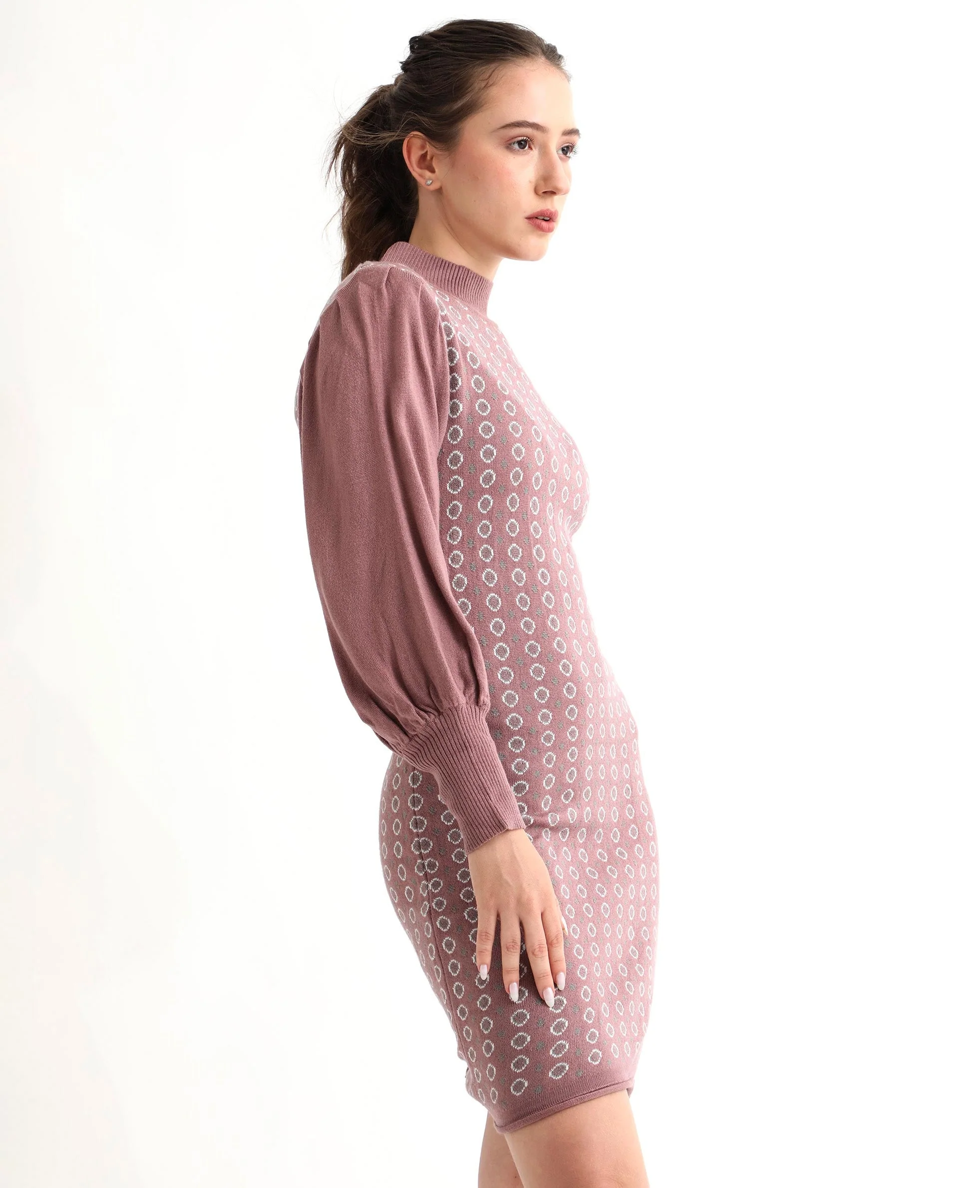 Rareism Women's Web Pink Acrylic High Neck Geometric Print Bishop Sleeve Knee Length Regular Fit Sweater - Image 8
