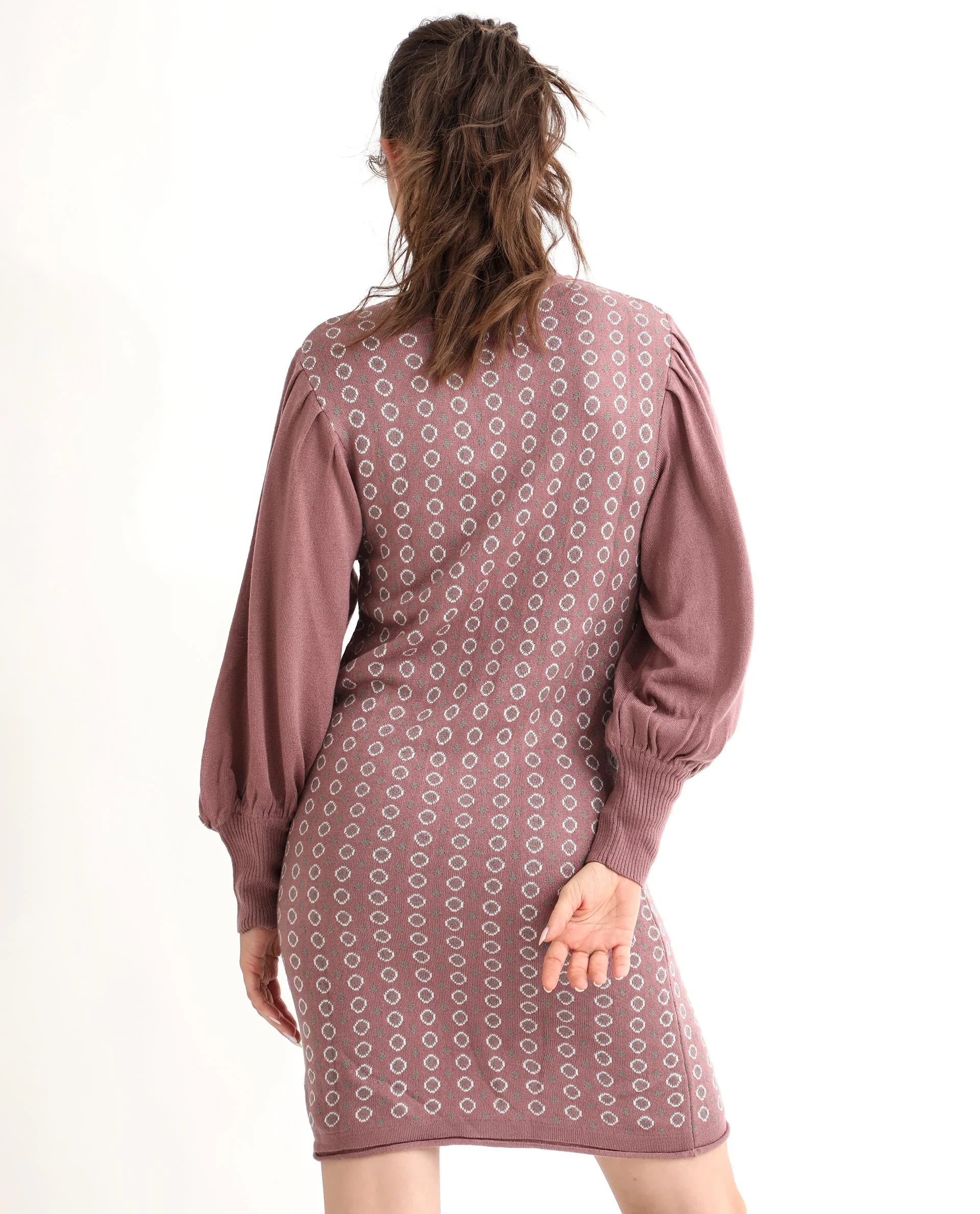 Rareism Women's Web Pink Acrylic High Neck Geometric Print Bishop Sleeve Knee Length Regular Fit Sweater - Image 9