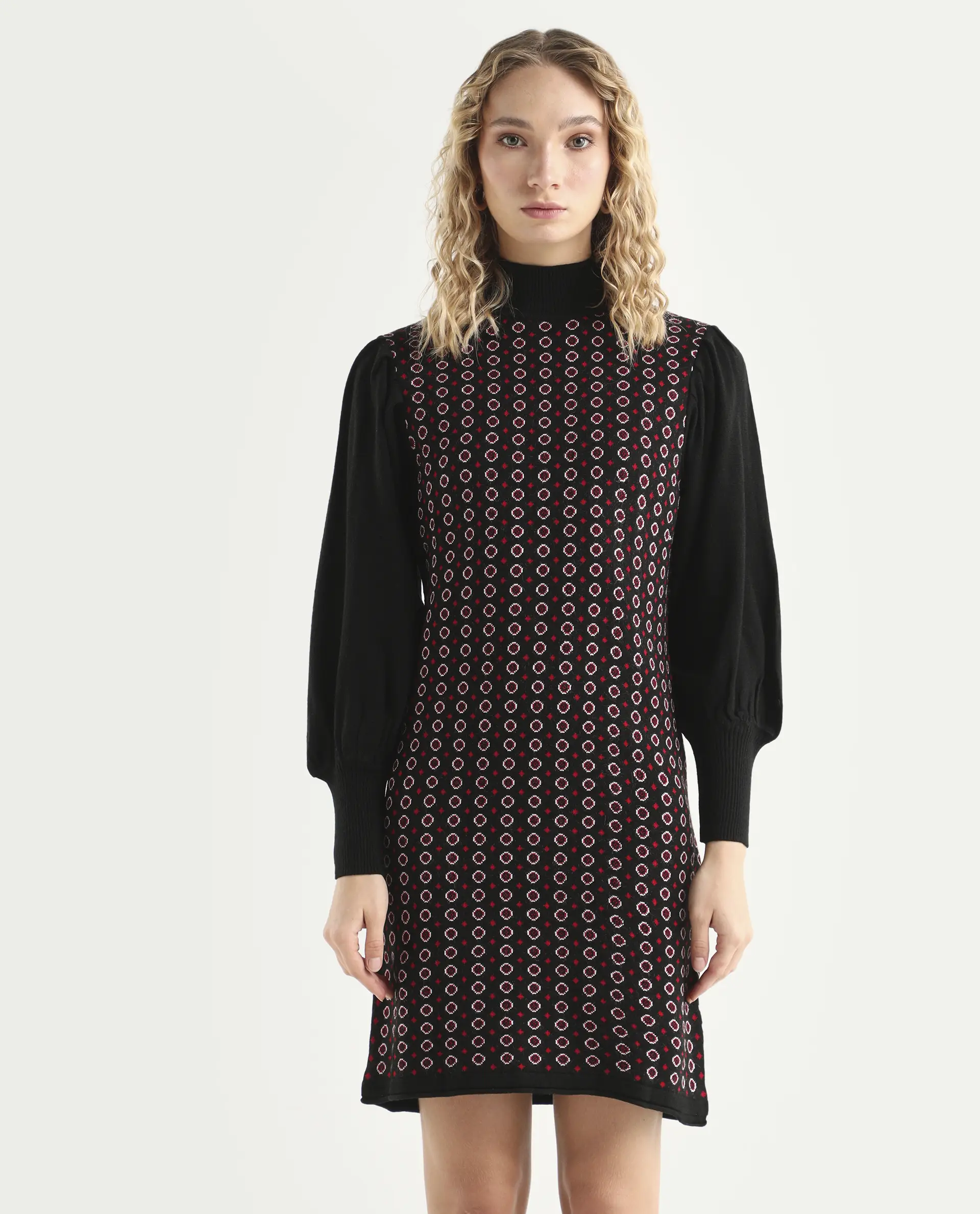 Rareism Women's Web 2 Black Acrylic High Neck Geometric Print Bishop Sleeve Knee Length Regular Fit Sweater - Image 3