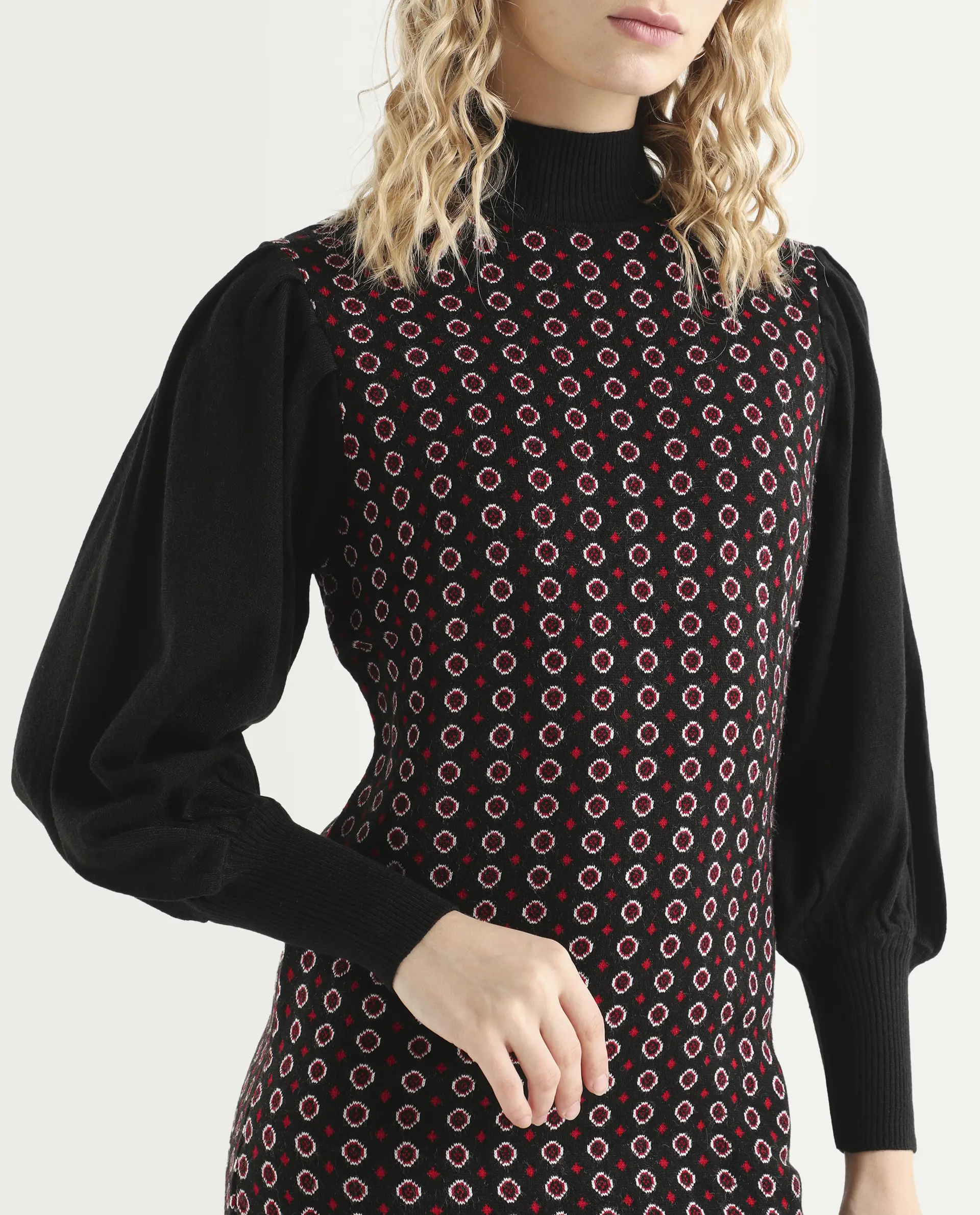 Rareism Women's Web 2 Black Acrylic High Neck Geometric Print Bishop Sleeve Knee Length Regular Fit Sweater - Image 4