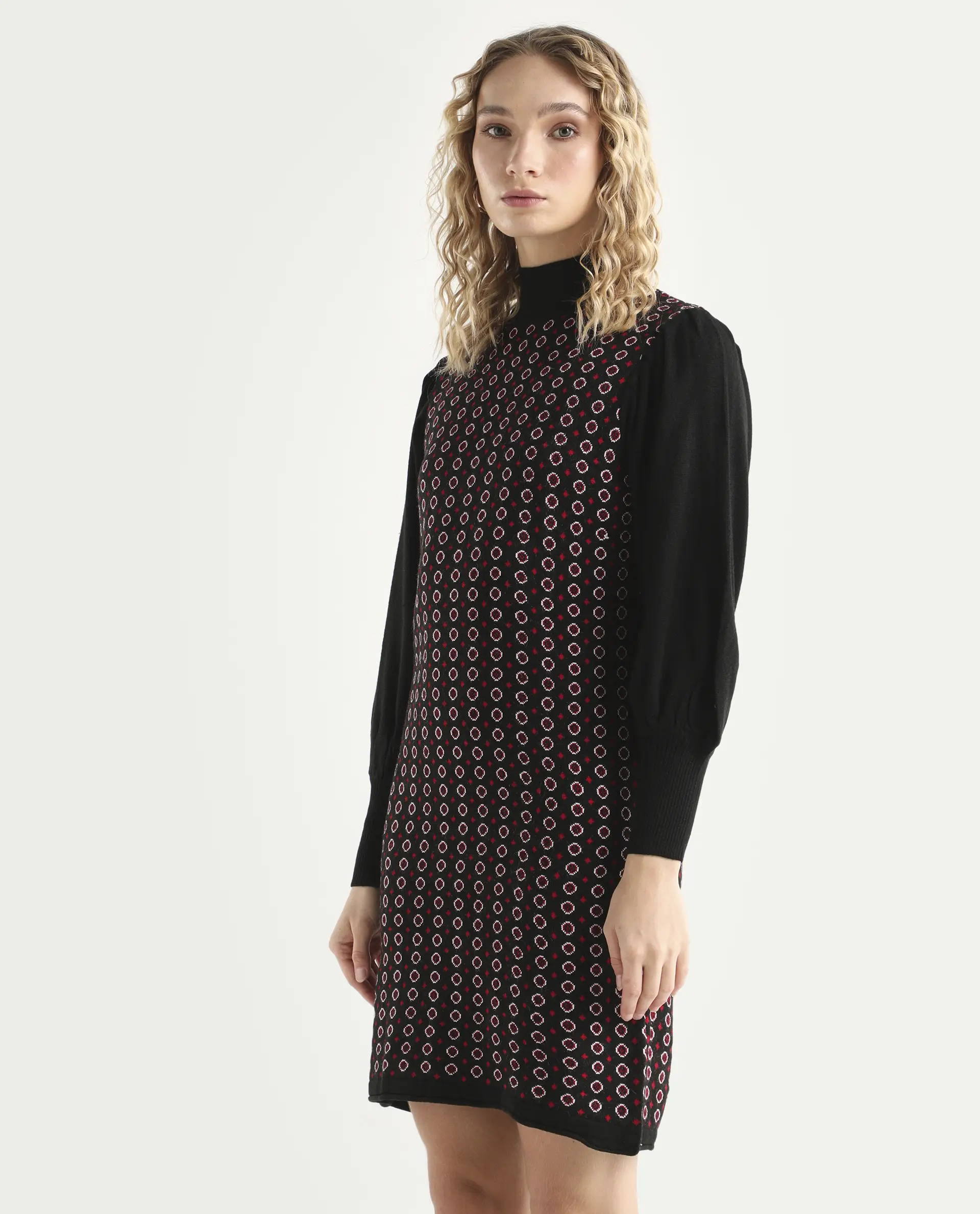 Rareism Women's Web 2 Black Acrylic High Neck Geometric Print Bishop Sleeve Knee Length Regular Fit Sweater - Image 5