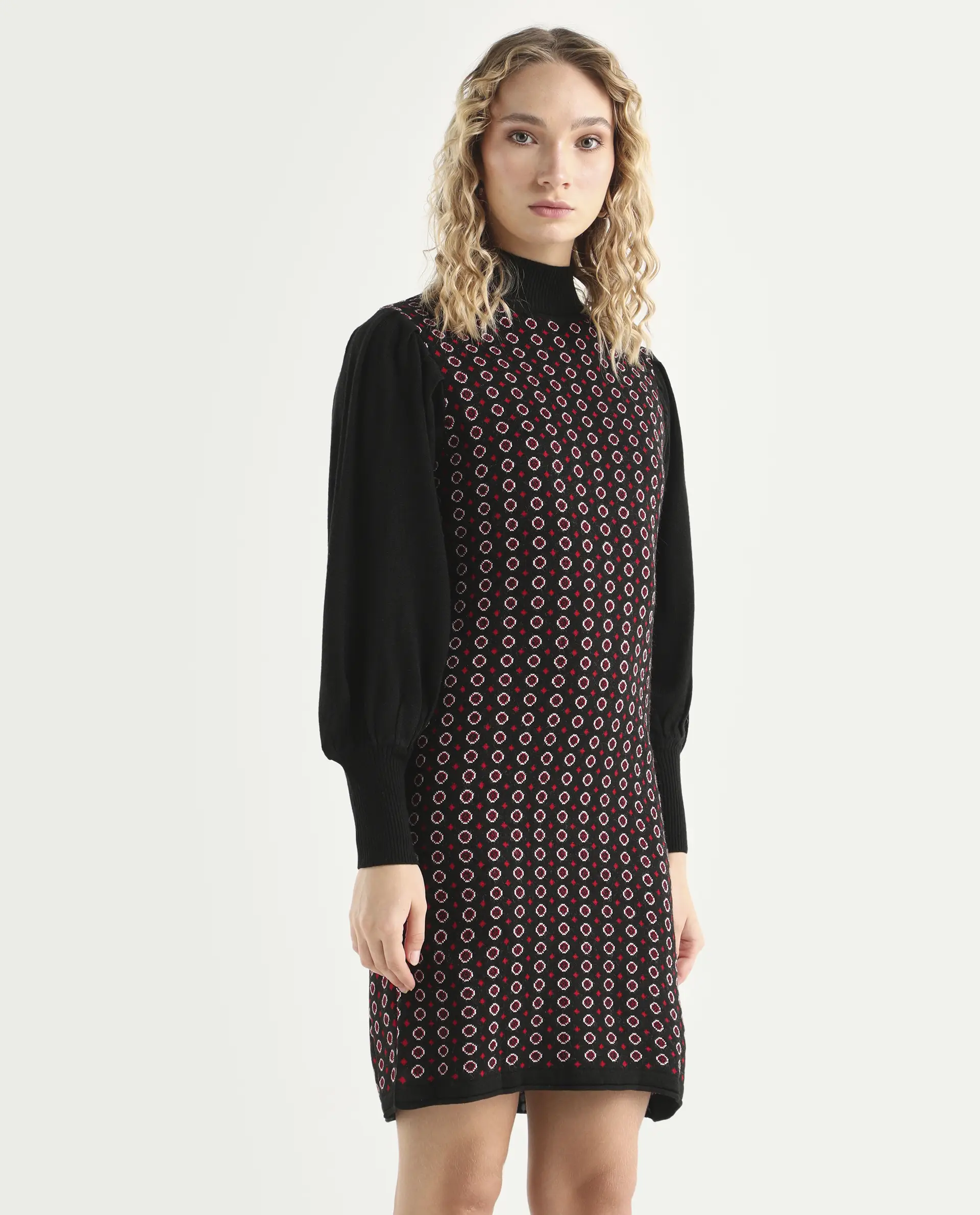 Rareism Women's Web 2 Black Acrylic High Neck Geometric Print Bishop Sleeve Knee Length Regular Fit Sweater - Image 6