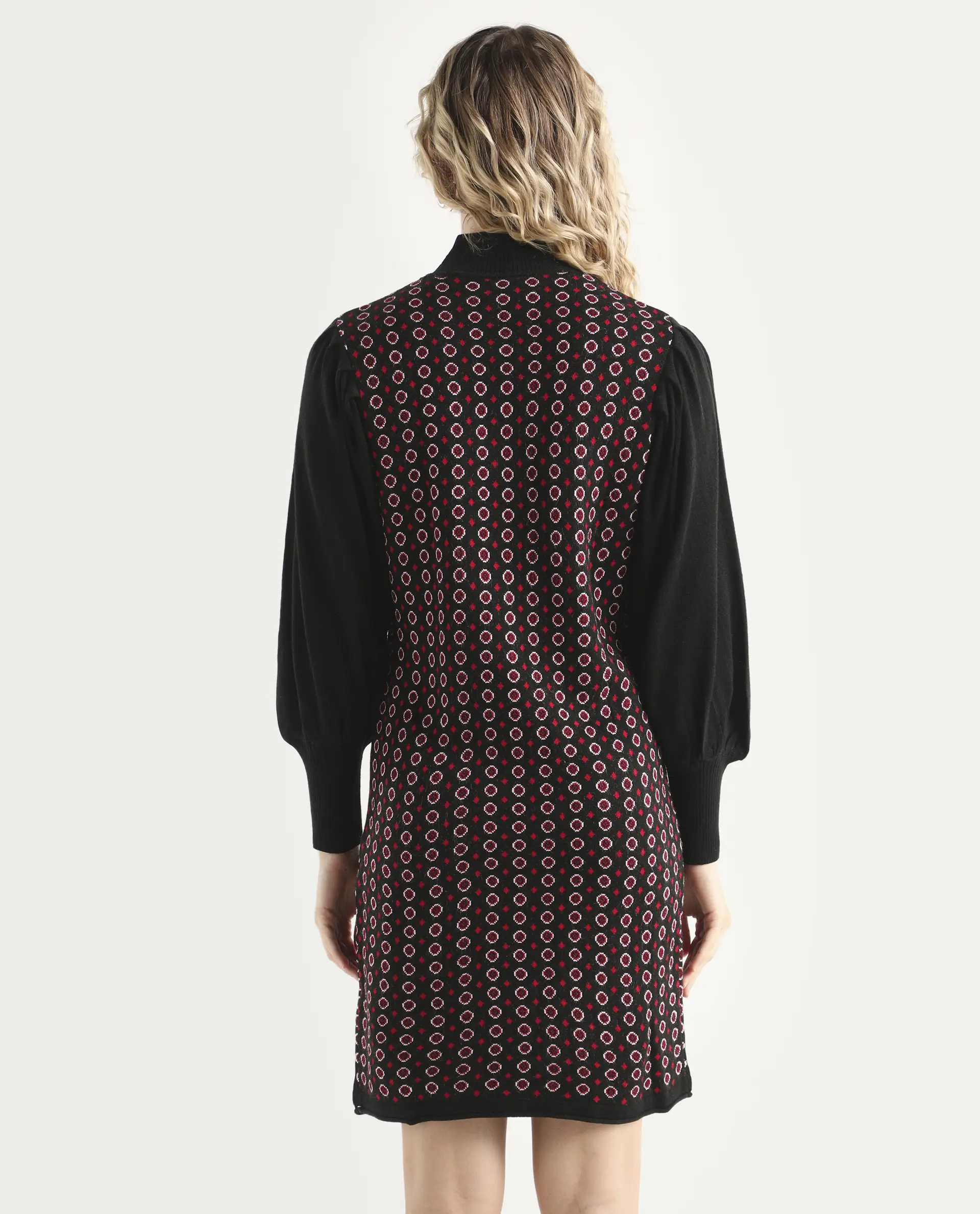 Rareism Women's Web 2 Black Acrylic High Neck Geometric Print Bishop Sleeve Knee Length Regular Fit Sweater - Image 7