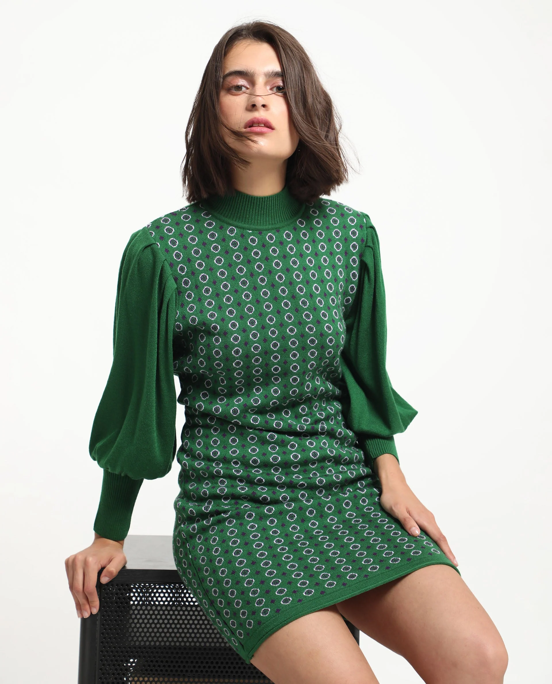 Rareism Women's Web 2 Green Acrylic High Neck Geometric Print Bishop Sleeve Knee Length Regular Fit Sweater