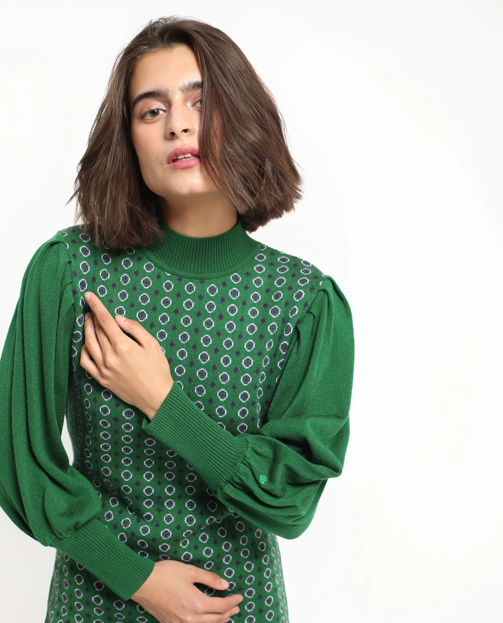 Rareism Women's Web 2 Green Acrylic High Neck Geometric Print Bishop Sleeve Knee Length Regular Fit Sweater - Image 10