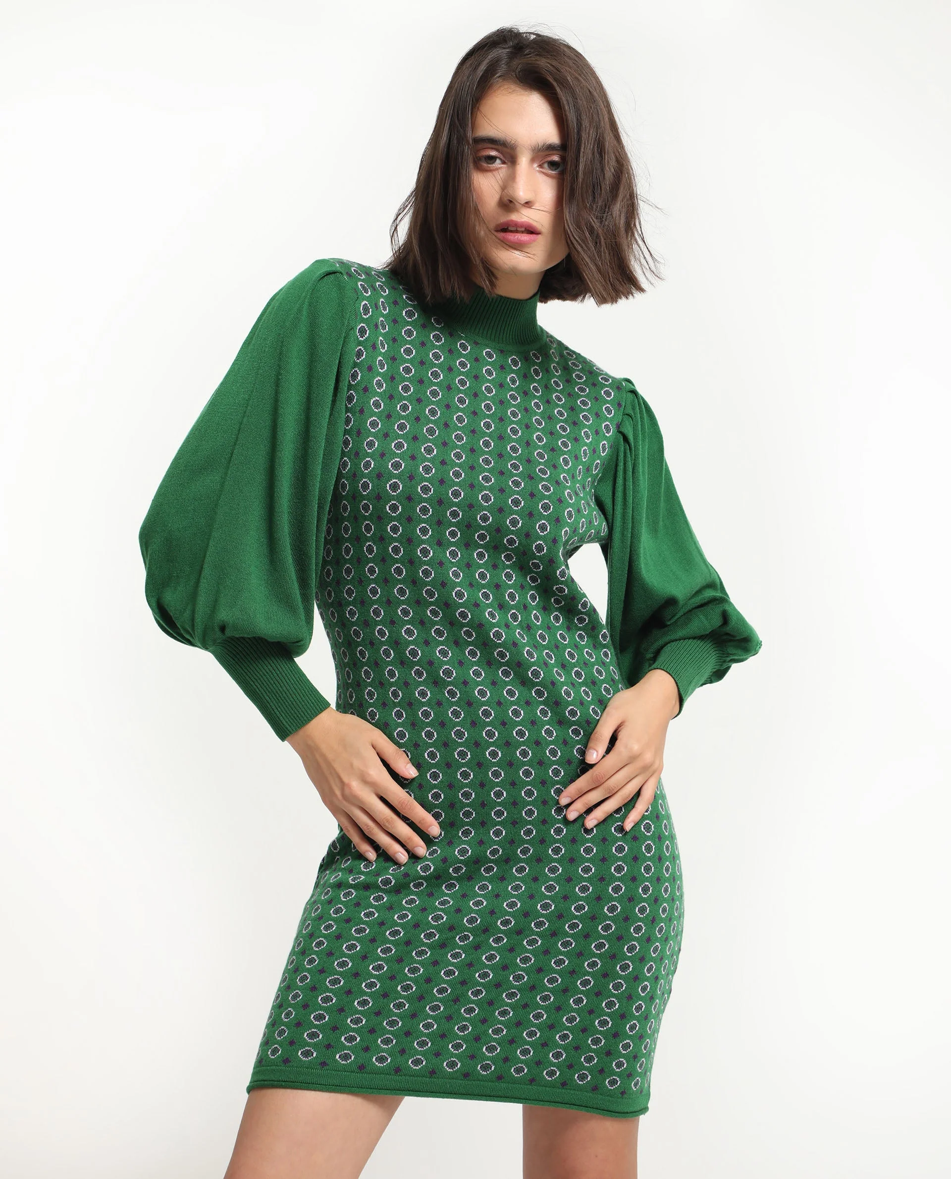 Rareism Women's Web 2 Green Acrylic High Neck Geometric Print Bishop Sleeve Knee Length Regular Fit Sweater - Image 11