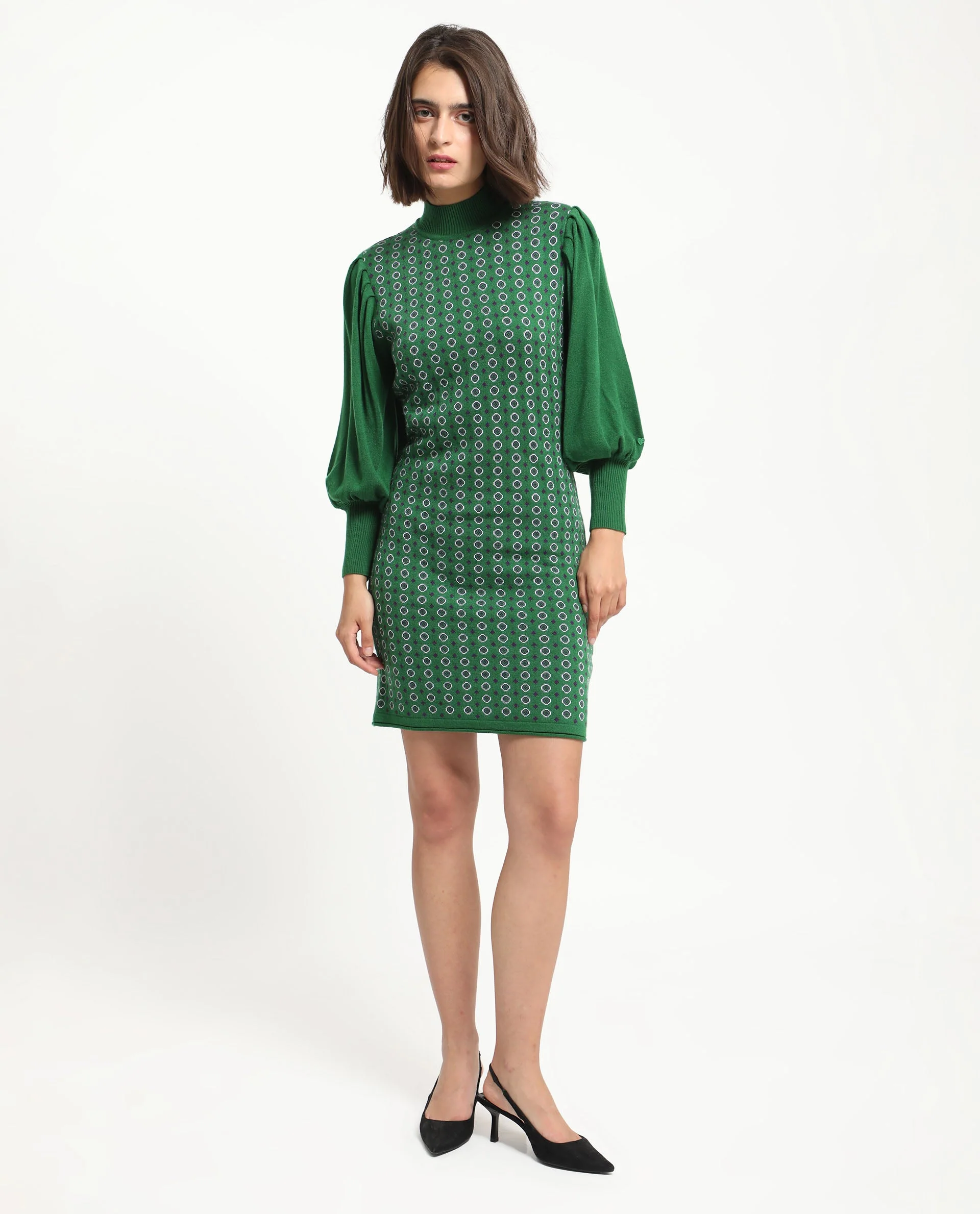 Rareism Women's Web 2 Green Acrylic High Neck Geometric Print Bishop Sleeve Knee Length Regular Fit Sweater - Image 12
