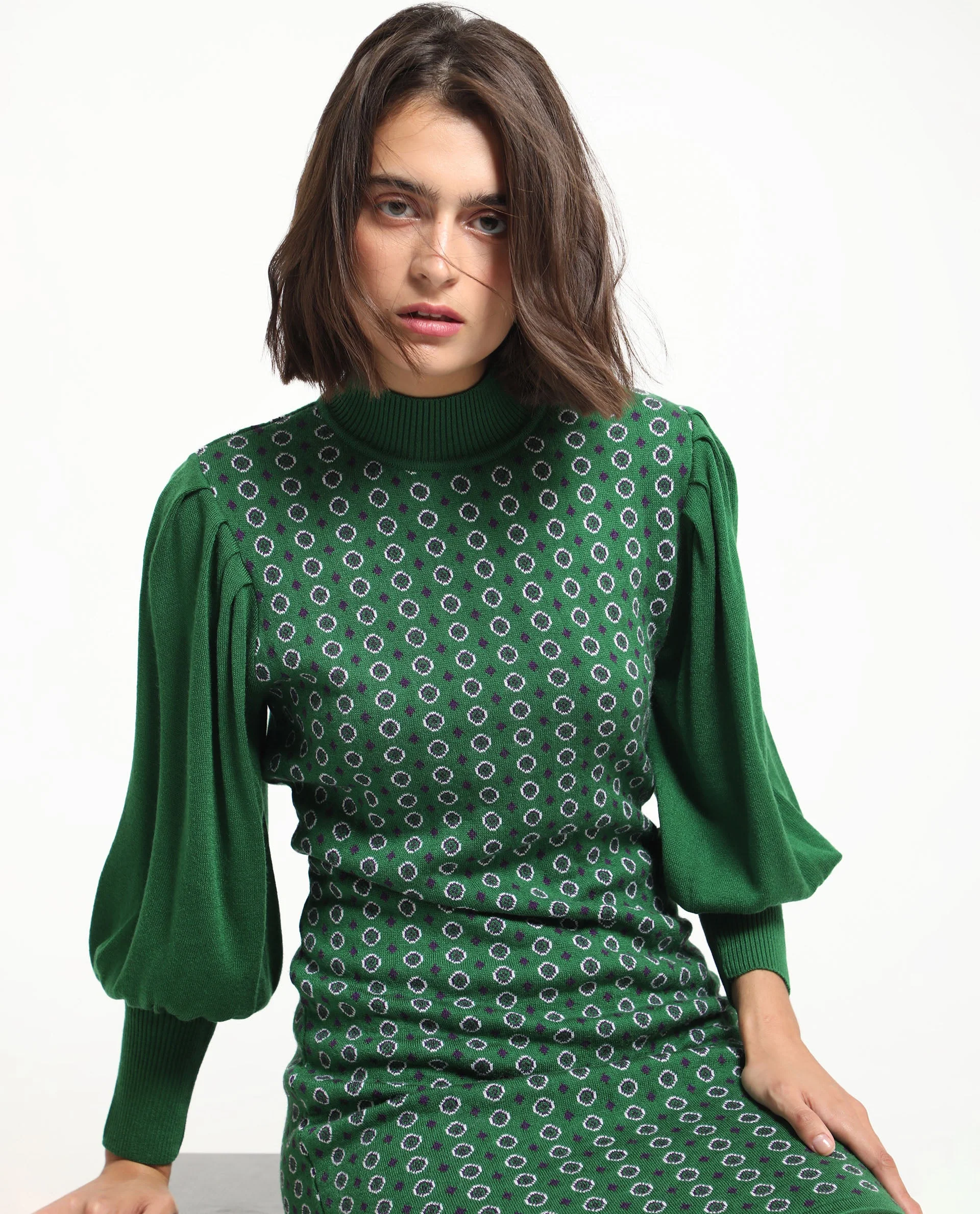 Rareism Women's Web 2 Green Acrylic High Neck Geometric Print Bishop Sleeve Knee Length Regular Fit Sweater - Image 2