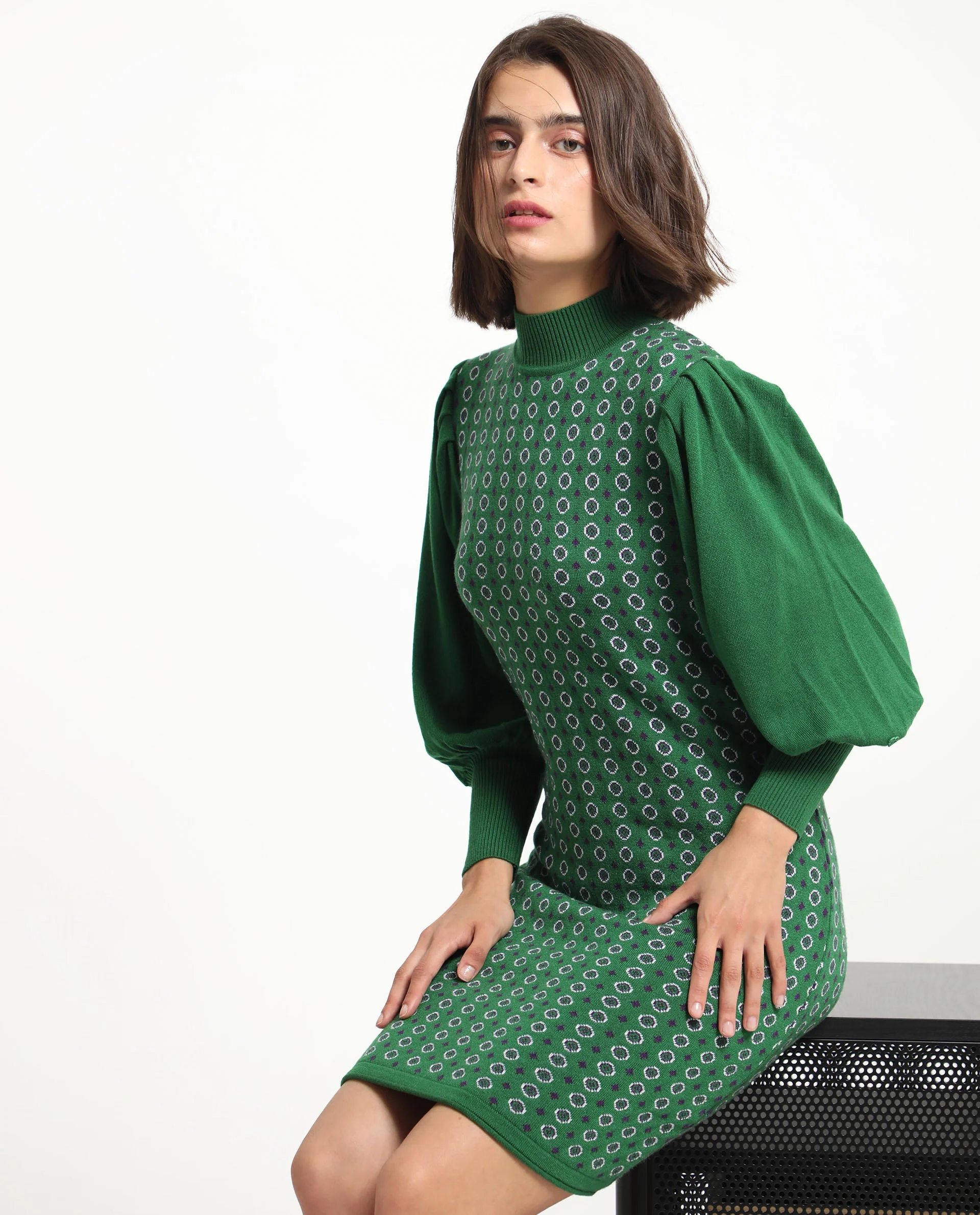 Rareism Women's Web 2 Green Acrylic High Neck Geometric Print Bishop Sleeve Knee Length Regular Fit Sweater - Image 3