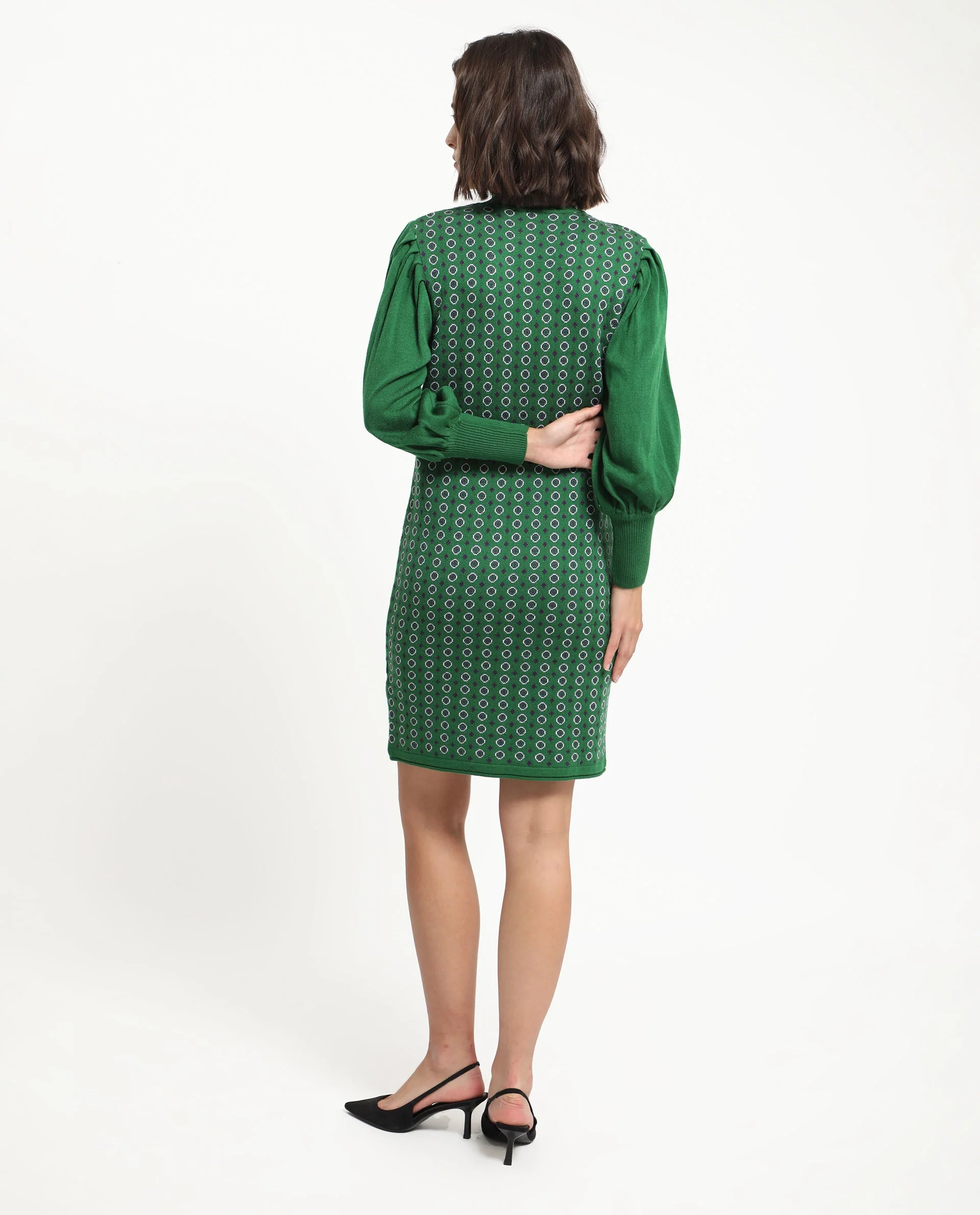 Rareism Women's Web 2 Green Acrylic High Neck Geometric Print Bishop Sleeve Knee Length Regular Fit Sweater - Image 4
