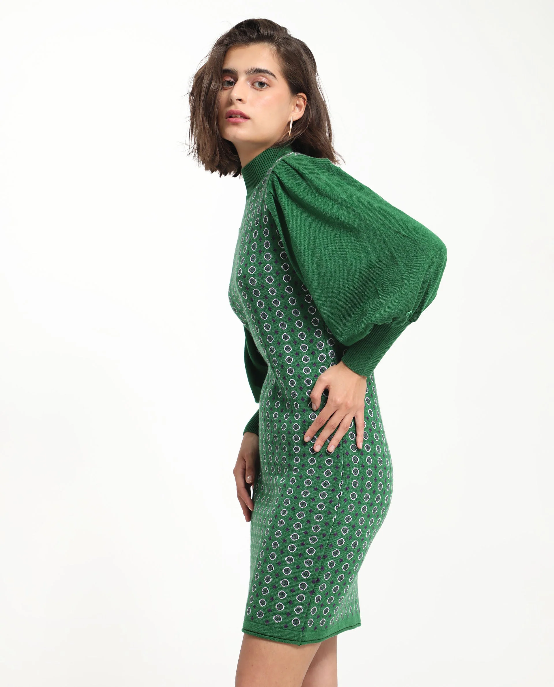 Rareism Women's Web 2 Green Acrylic High Neck Geometric Print Bishop Sleeve Knee Length Regular Fit Sweater - Image 5