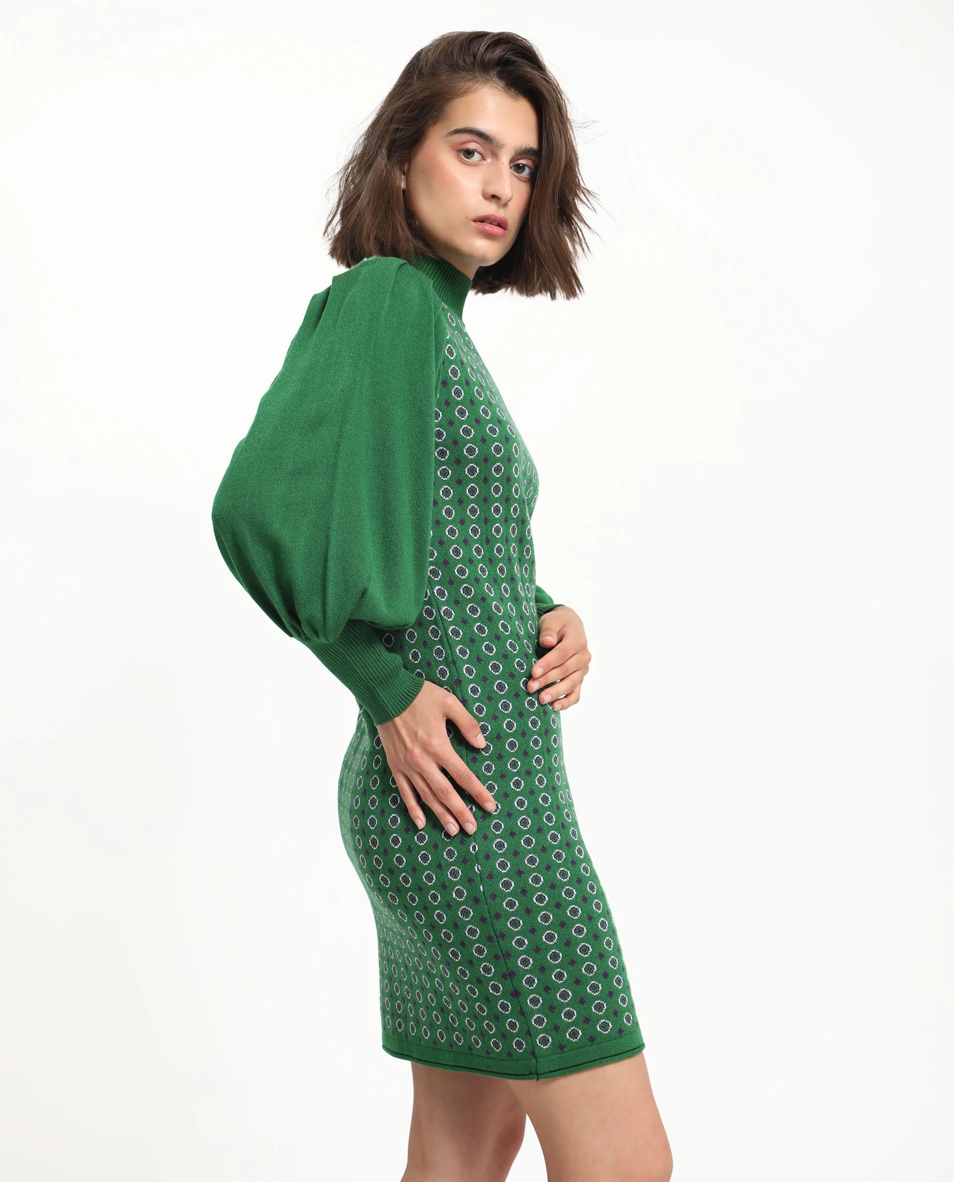 Rareism Women's Web 2 Green Acrylic High Neck Geometric Print Bishop Sleeve Knee Length Regular Fit Sweater - Image 6