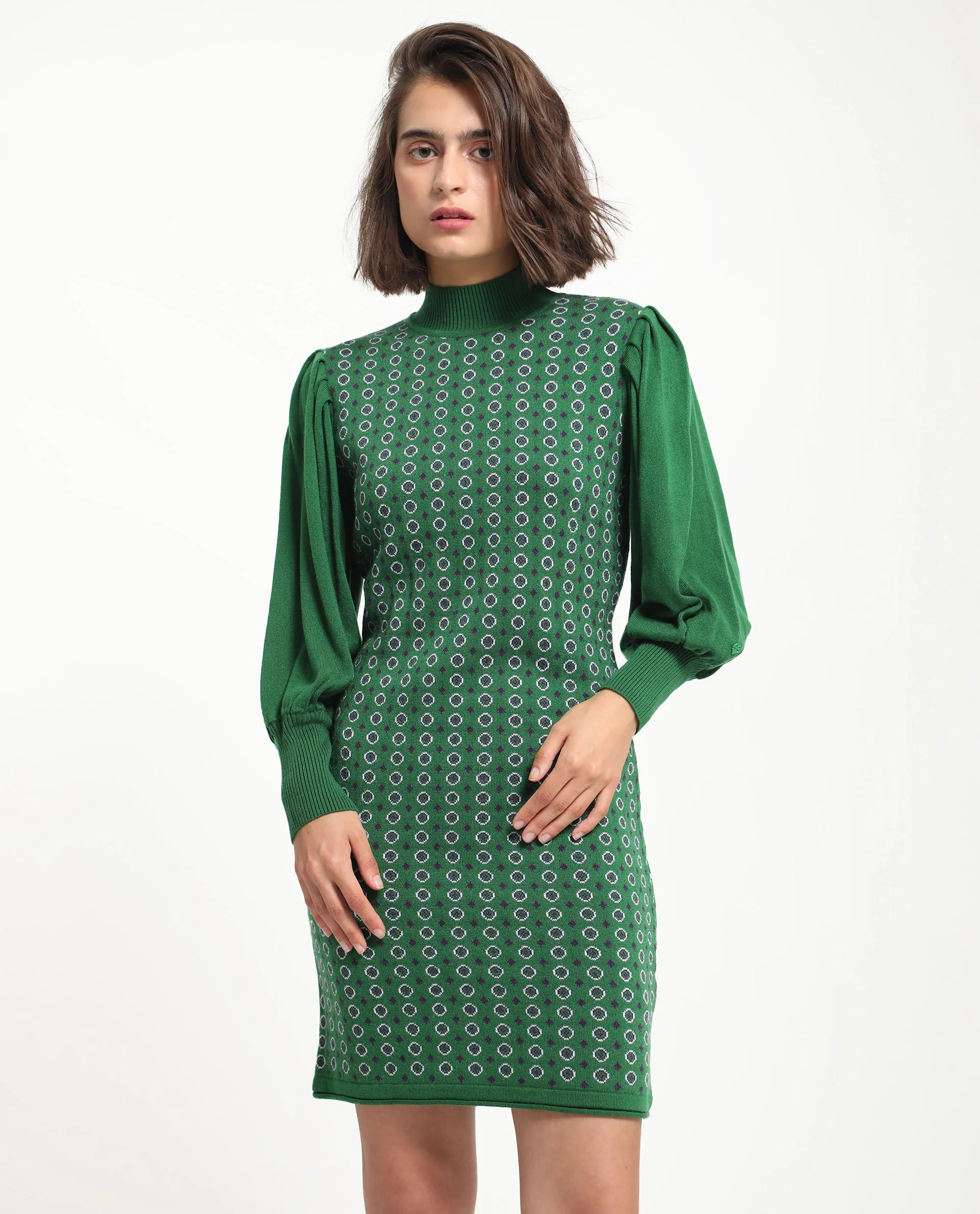 Rareism Women's Web 2 Green Acrylic High Neck Geometric Print Bishop Sleeve Knee Length Regular Fit Sweater - Image 7