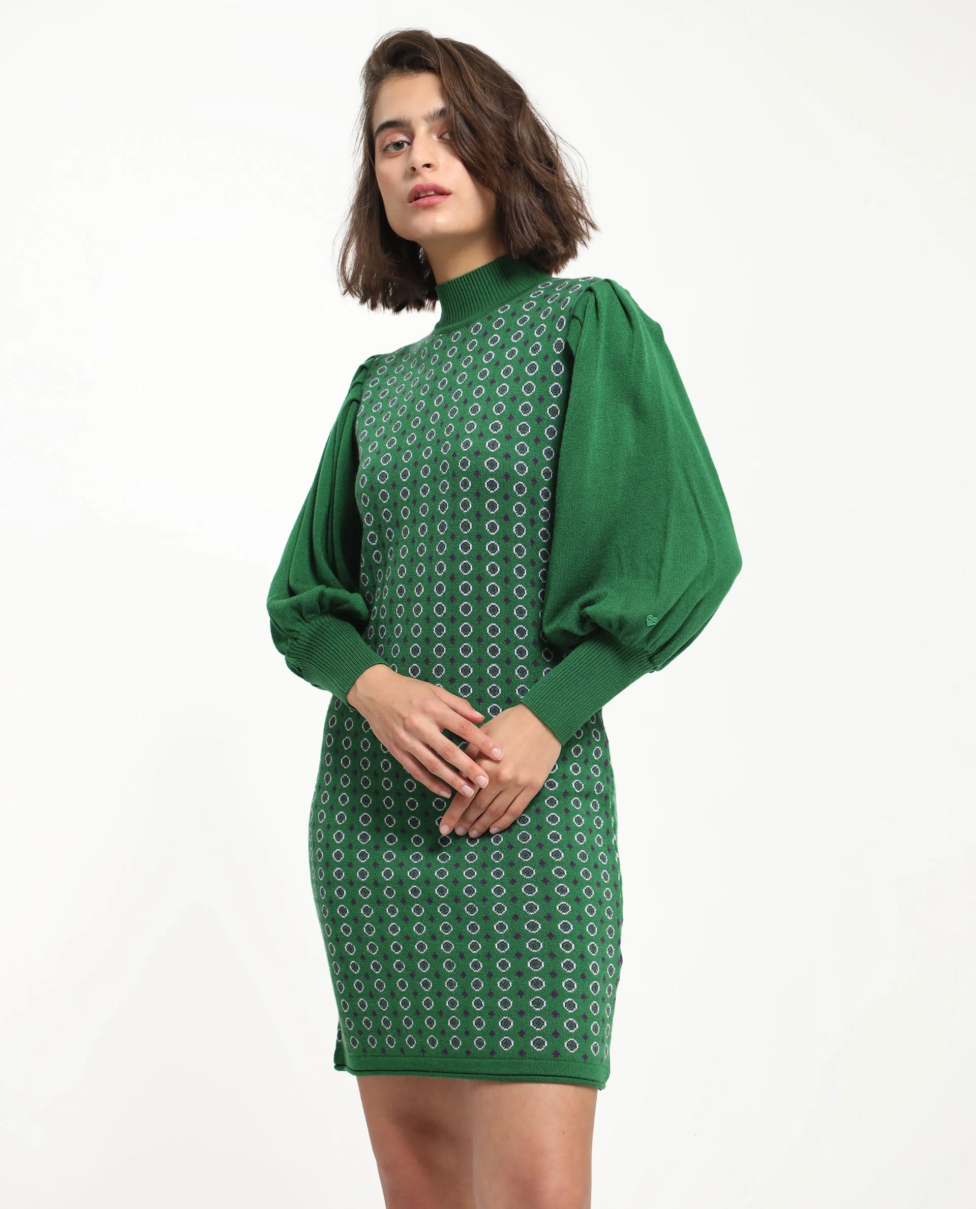 Rareism Women's Web 2 Green Acrylic High Neck Geometric Print Bishop Sleeve Knee Length Regular Fit Sweater - Image 8