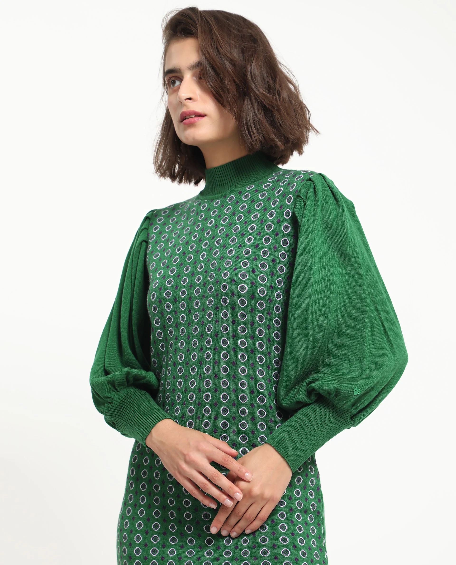 Rareism Women's Web 2 Green Acrylic High Neck Geometric Print Bishop Sleeve Knee Length Regular Fit Sweater - Image 9