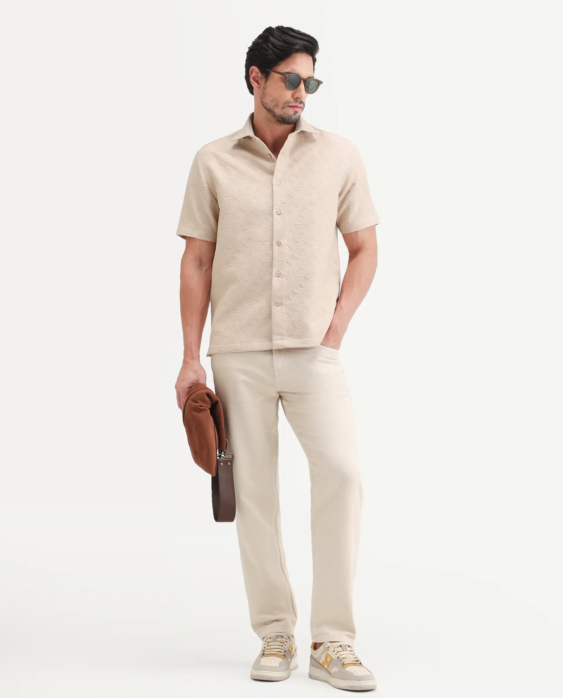 Rare Rabbit Men's Wedel Beige Cotton Fabric Half Sleeve Spread Collar Regular Fit Jacquard Shirt - Image 2
