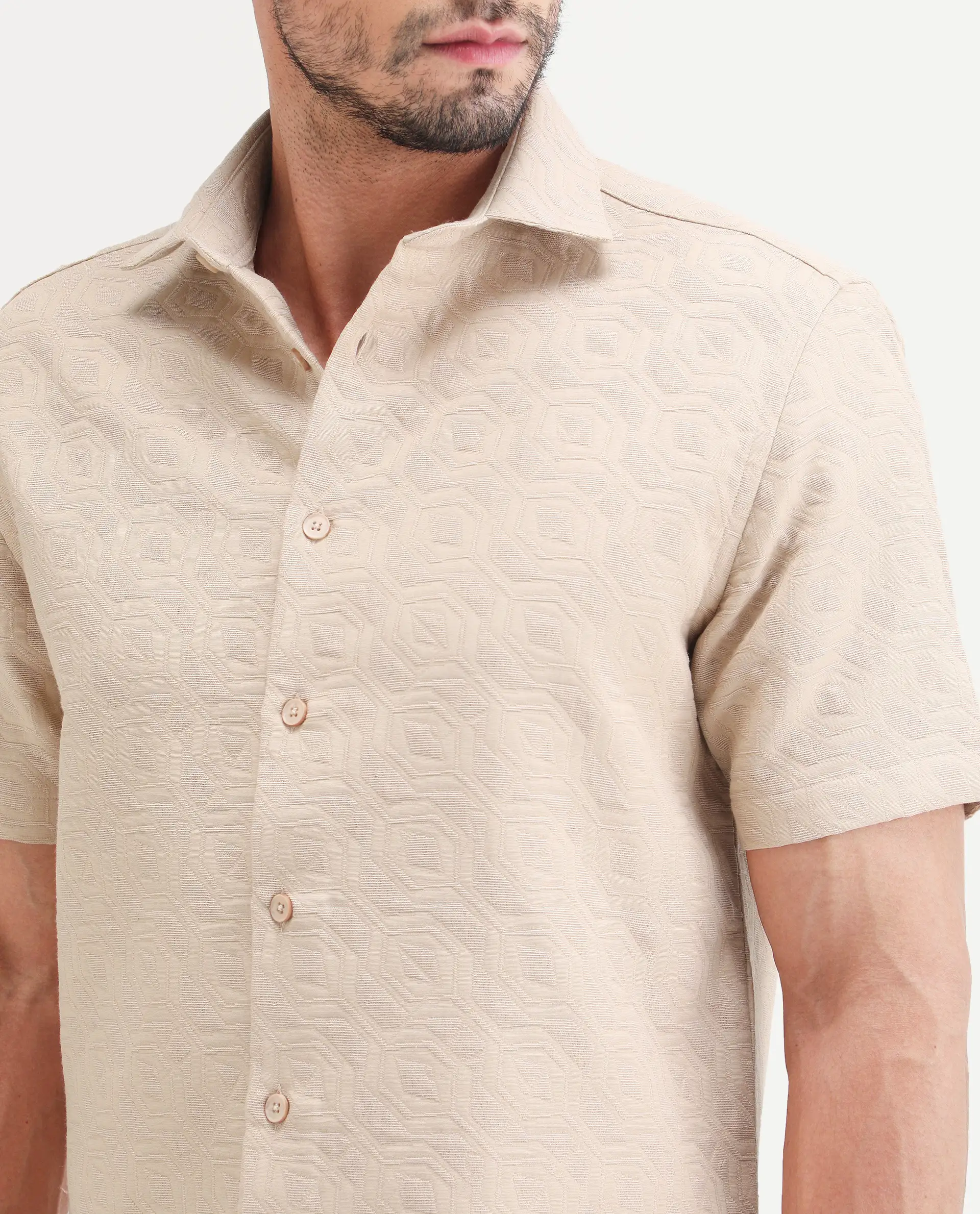 Rare Rabbit Men's Wedel Beige Cotton Fabric Half Sleeve Spread Collar Regular Fit Jacquard Shirt - Image 3