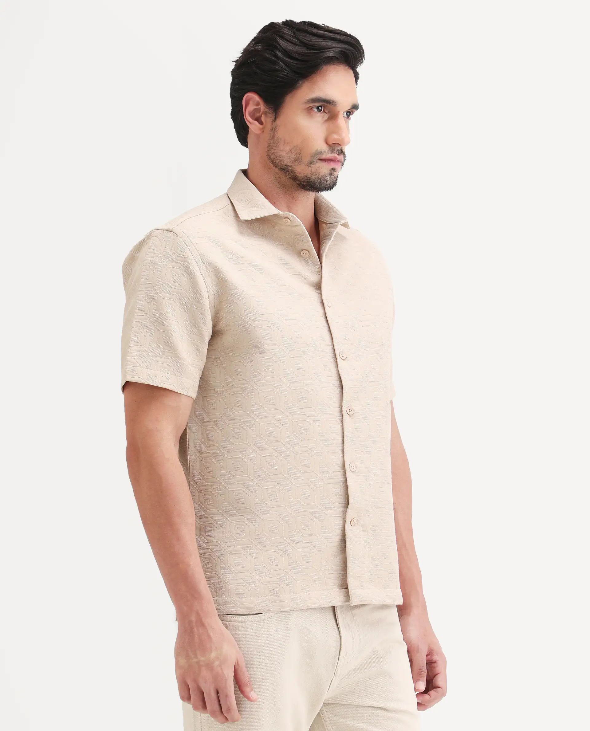 Rare Rabbit Men's Wedel Beige Cotton Fabric Half Sleeve Spread Collar Regular Fit Jacquard Shirt - Image 4