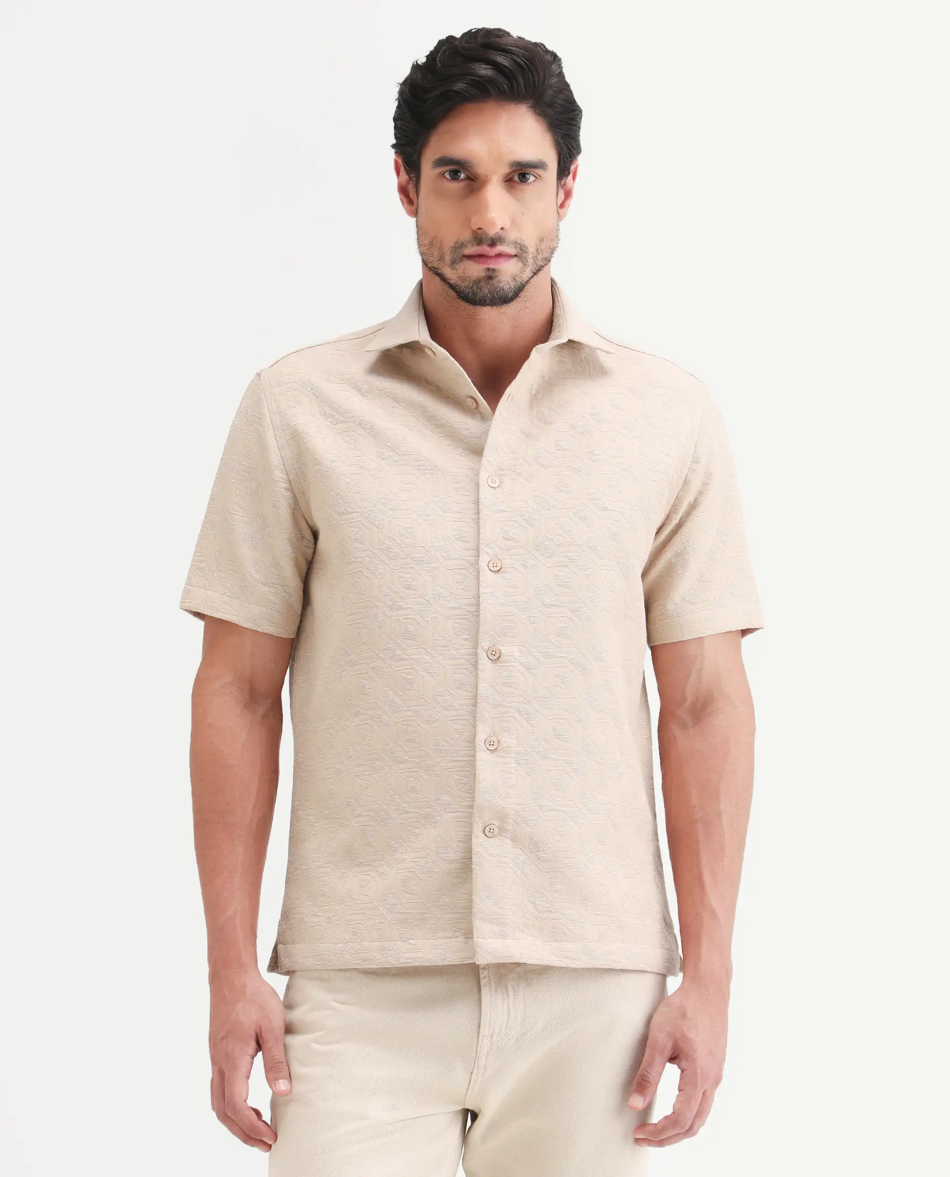 Rare Rabbit Men's Wedel Beige Cotton Fabric Half Sleeve Spread Collar Regular Fit Jacquard Shirt - Image 5