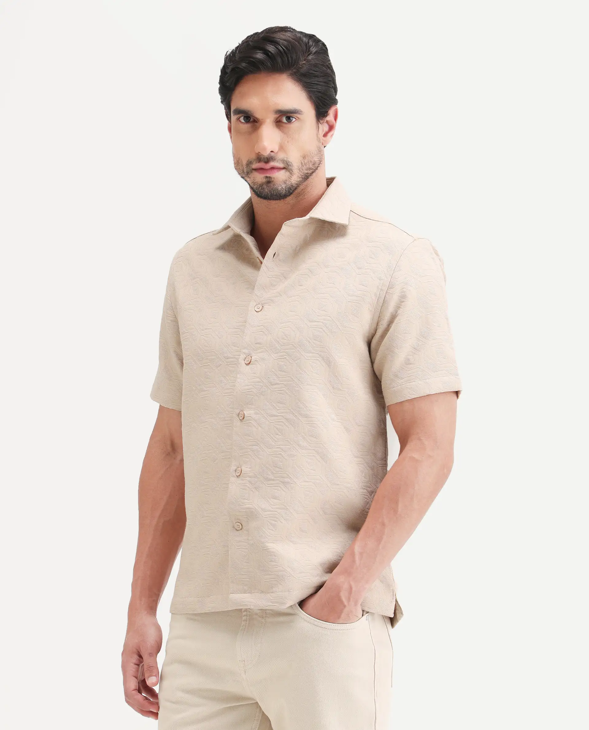 Rare Rabbit Men's Wedel Beige Cotton Fabric Half Sleeve Spread Collar Regular Fit Jacquard Shirt - Image 6