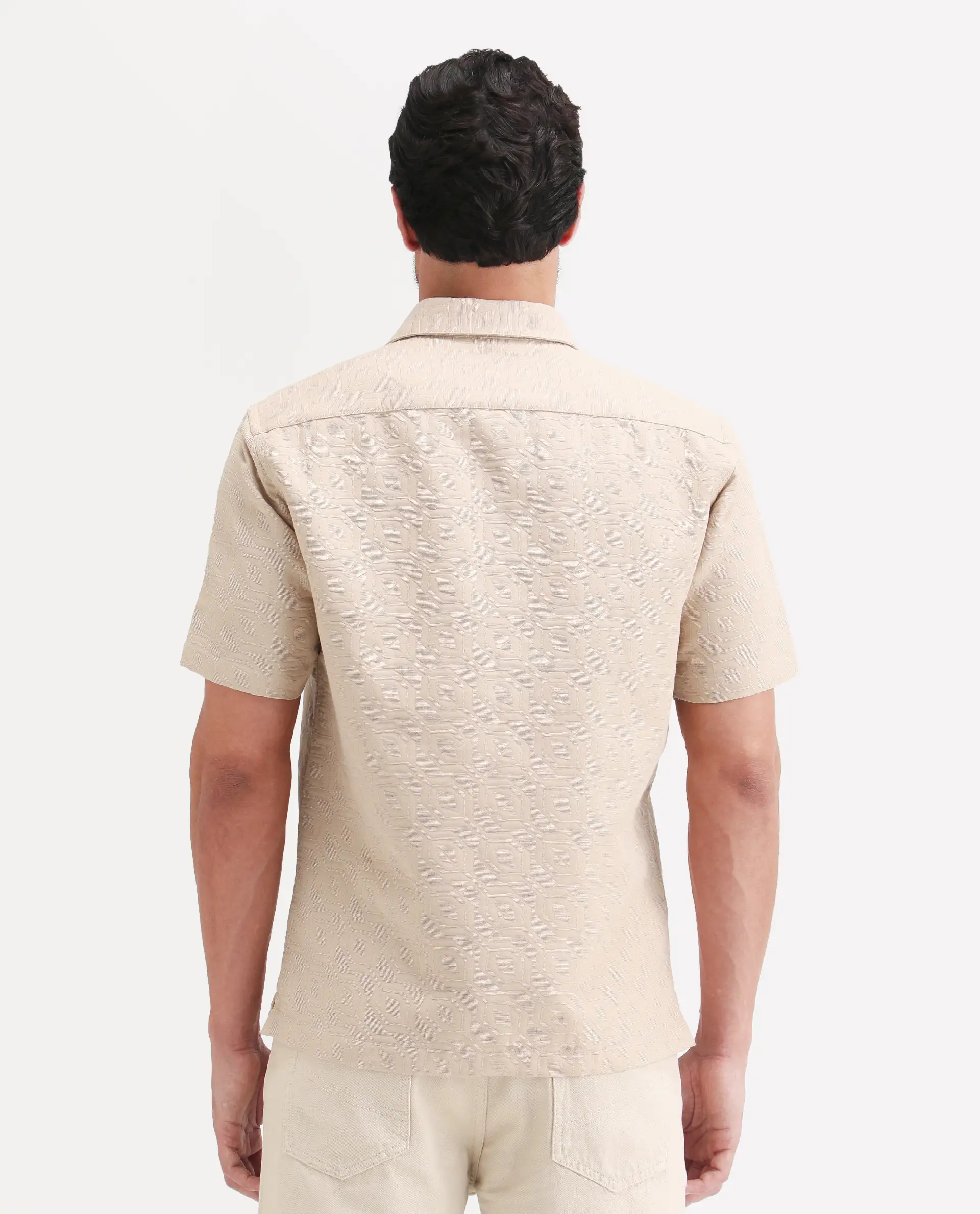 Rare Rabbit Men's Wedel Beige Cotton Fabric Half Sleeve Spread Collar Regular Fit Jacquard Shirt - Image 7