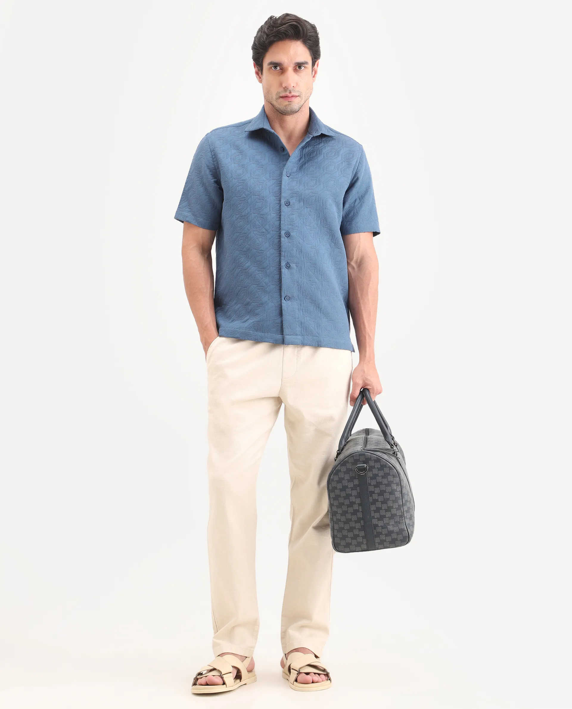 Rare Rabbit Men's Wedel Blue Cotton Fabric Half Sleeve Spread Collar Regular Fit Jacquard Shirt - Image 2