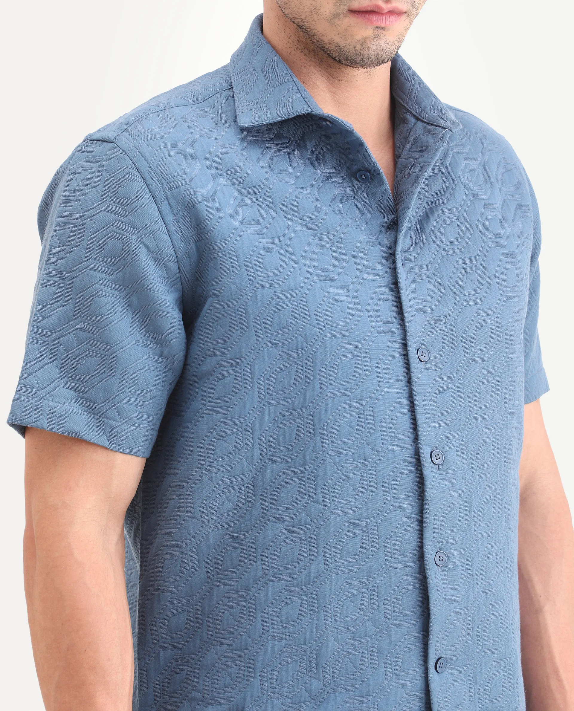 Rare Rabbit Men's Wedel Blue Cotton Fabric Half Sleeve Spread Collar Regular Fit Jacquard Shirt - Image 3